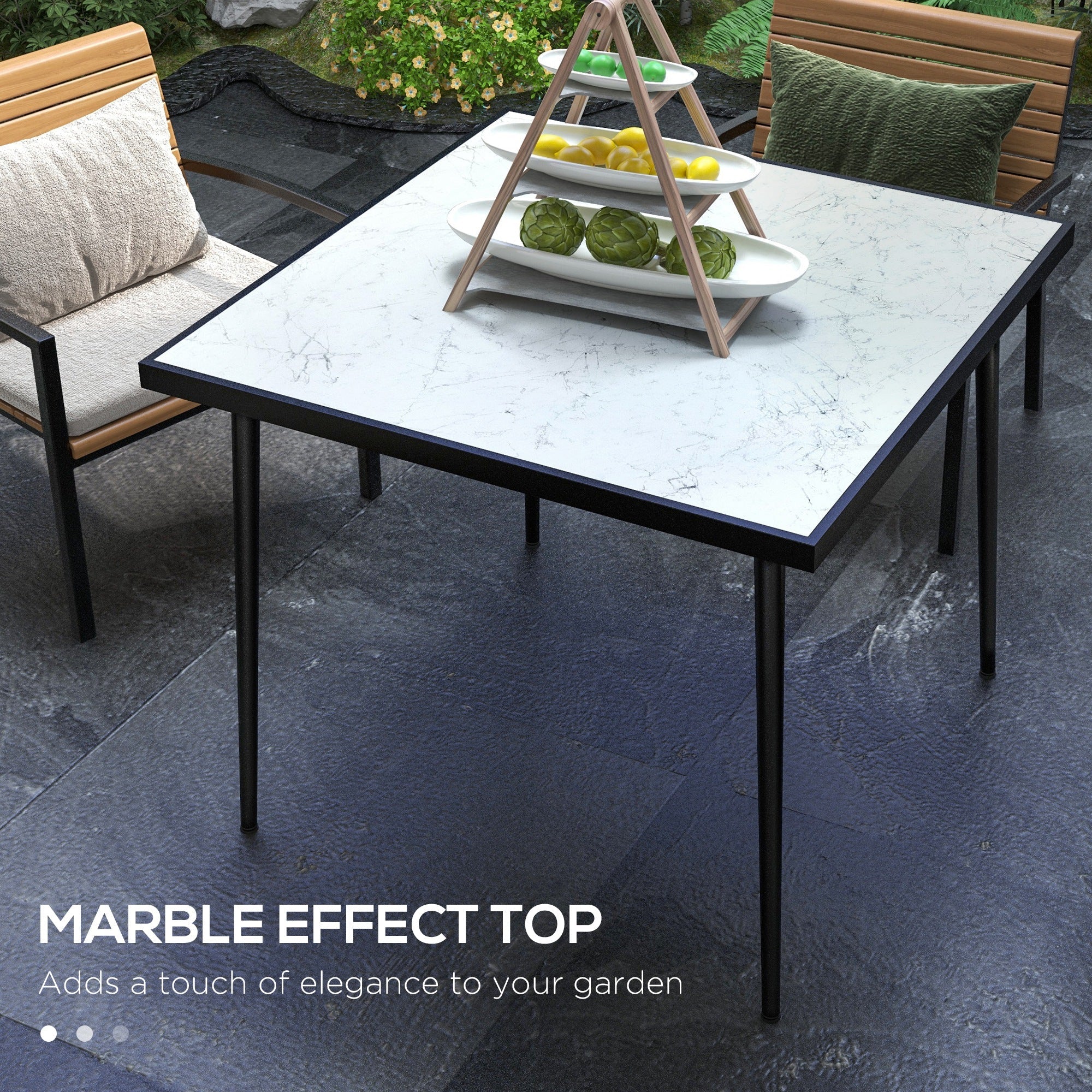Outsunny Outdoor Dining Table for 4, Square Patio Dining Table with Marble Effect Tempered Glass Top and Steel Frame, White 