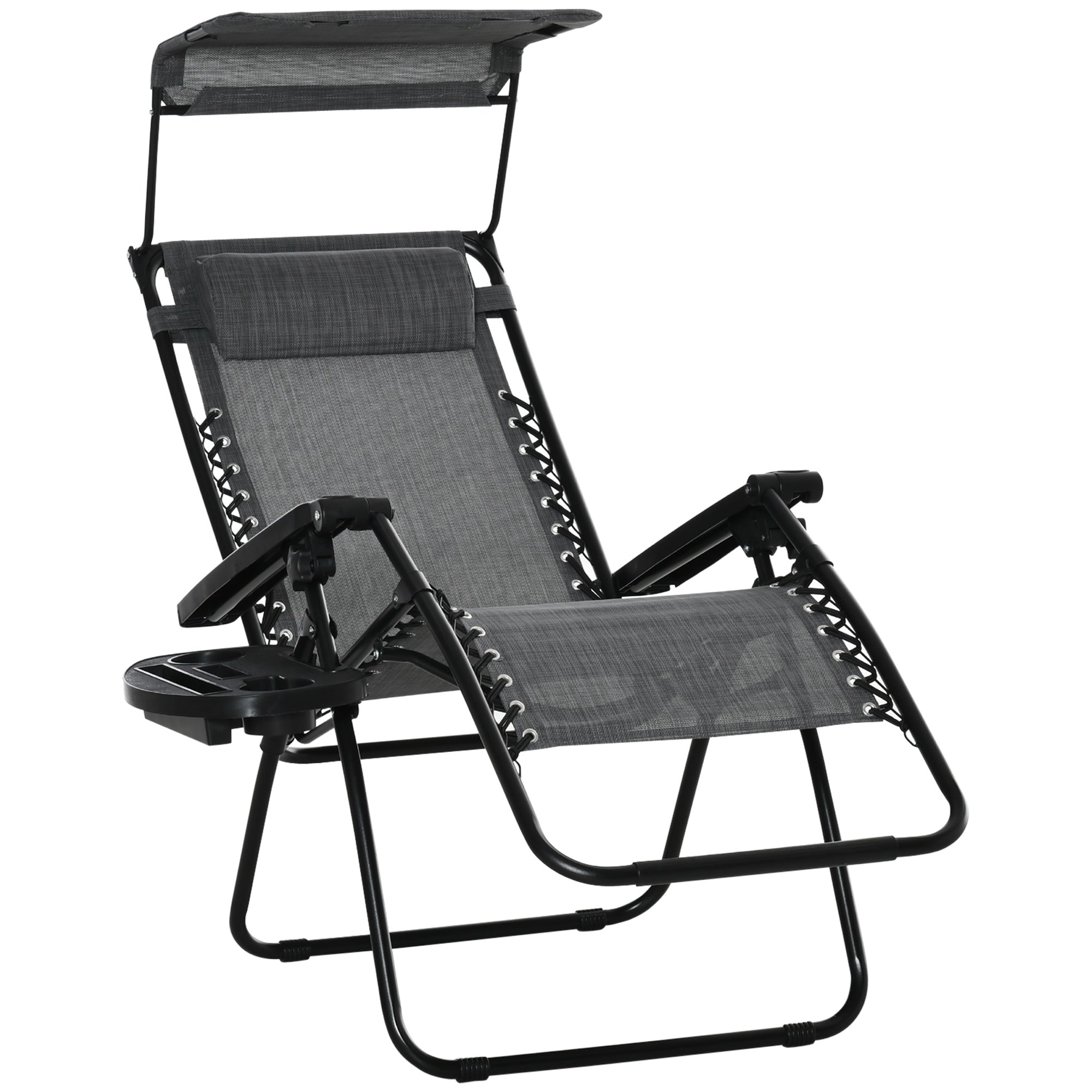 Outsunny Outdoor Zero Gravity Reclining Lounger Chair with Canopy Shade, Side Tray, Cupholder, Light Grey 