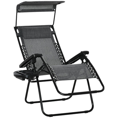 Outsunny Outdoor Zero Gravity Reclining Lounger Chair with Canopy Shade, Side Tray, Cupholder, Light Grey 