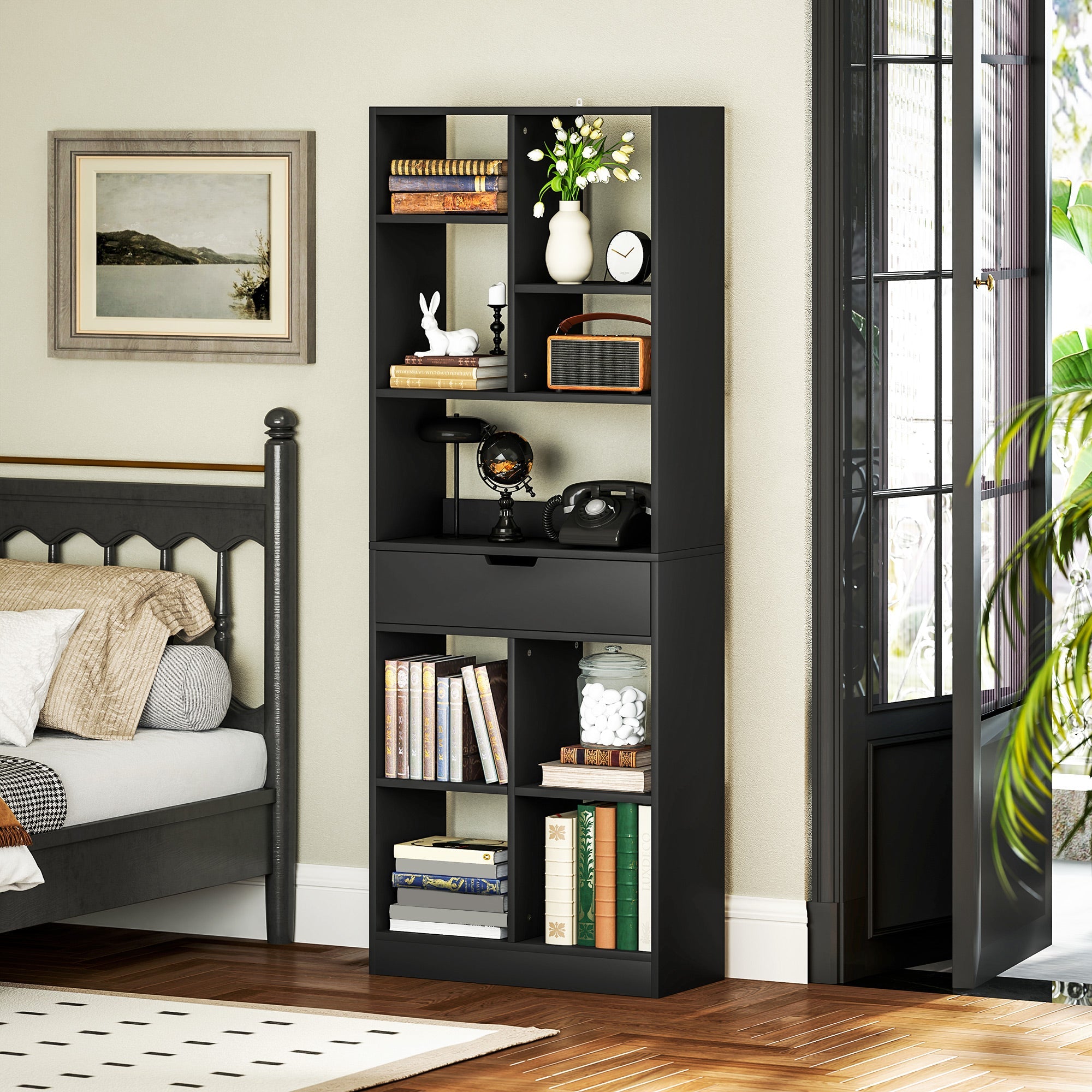 HOMCOM Tall Bookshelf with Drawer, Freestanding Bookcase for Bedroom, Living Room, Home Office, Black 