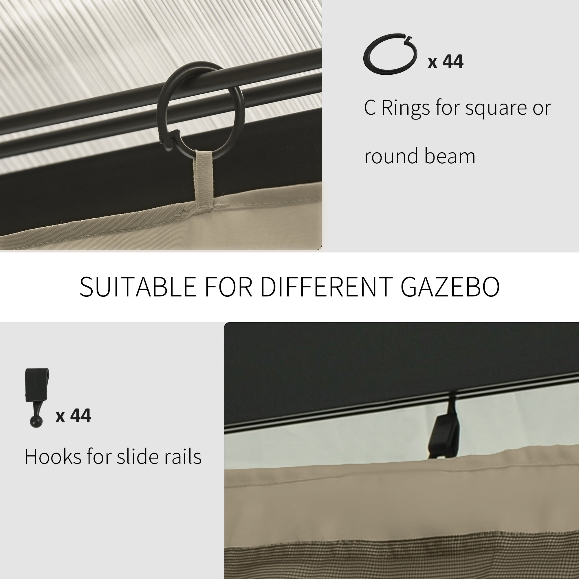 Outsunny 10' x 12' Gazebo Curtain Universal Gazebo Sidewall Set with 4 Panels, Hooks/C-Rings Included, Beige 