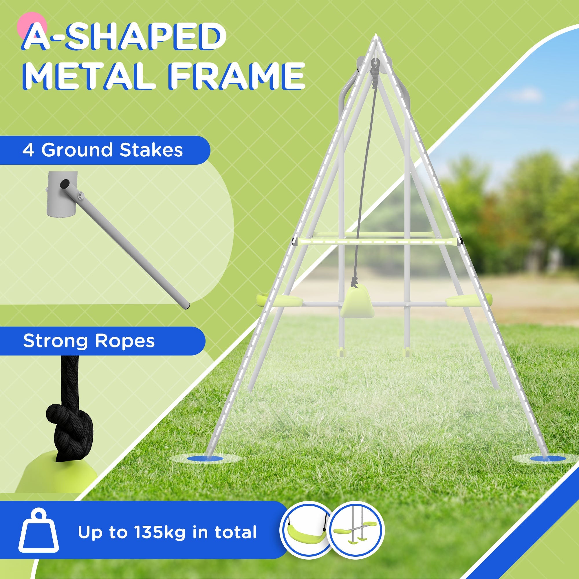 Outsunny Swing Set for Kids, Heavy Duty A-Frame Metal Swing Frame with Glider, Swing Seat, Ground Stakes for Backyard, Green 