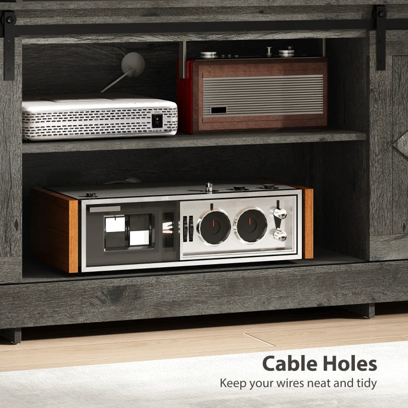 TV Stand with Power Outlets, Sliding Barn Doors and Adjustable Shelves for 72 Inch TVs, Dark Grey