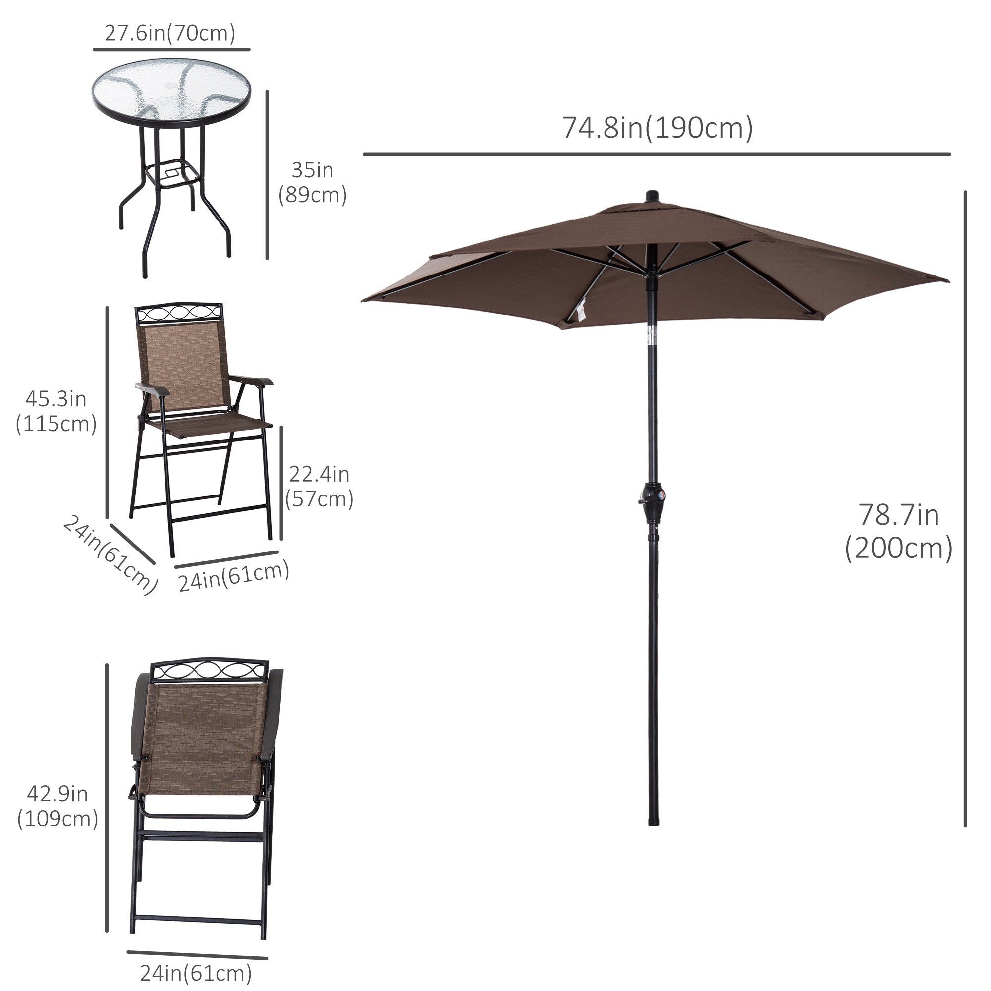 Outsunny 4 Piece Patio Bar Set Sling Folding Outdoor Furniture with Umbrella Brown for Poolside Backyard Garden 