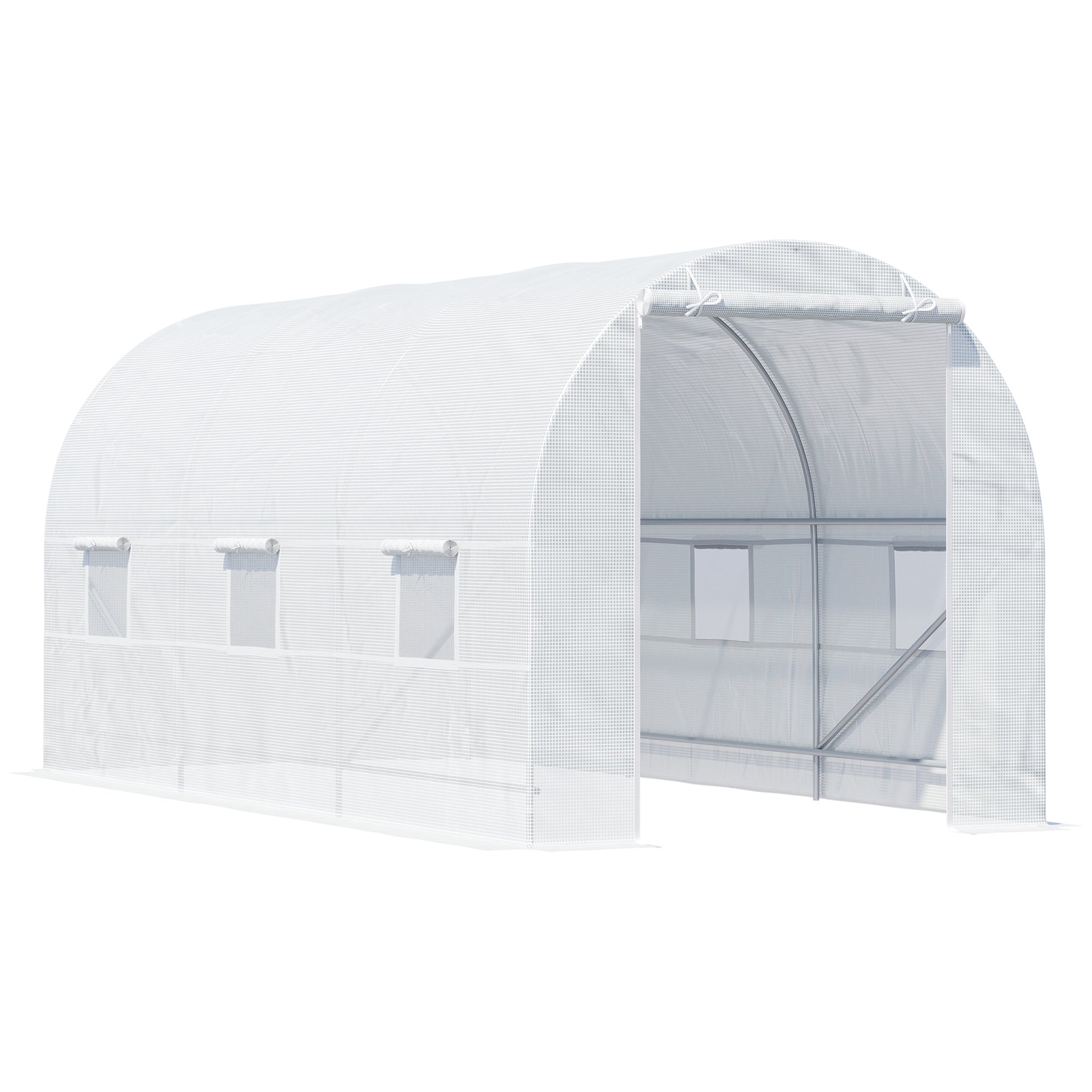 Outsunny Portable Walk-in Tunnel Greenhouse 14.8x6.6x6.6ft with Door and Ventilation Window for Garden Plant Growing White 