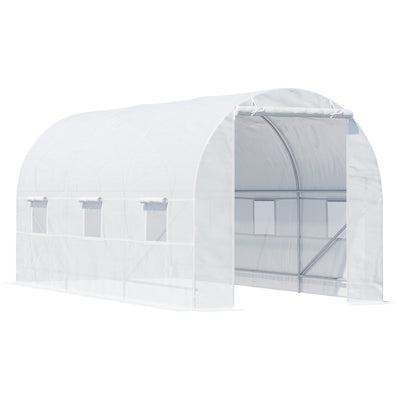Outsunny Portable Walk-in Tunnel Greenhouse 14.8x6.6x6.6ft with Door and Ventilation Window for Garden Plant Growing White 
