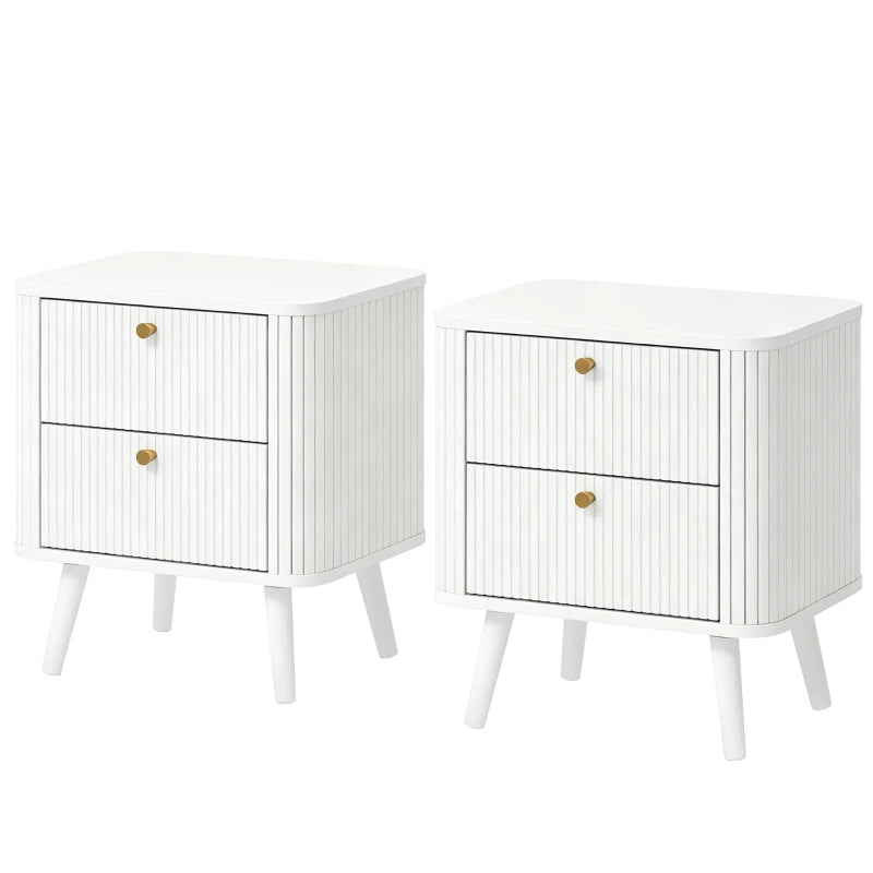 Modern Nightstand Set of 2 with 2 Drawers, White Wood Grain Bedside Tables with Gold Handles