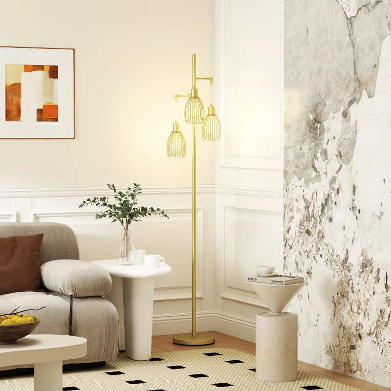 Industrial Floor Lamp with 3 Hanging Wire Lampshades, Dimmable Standing Lamp for Living Room, Gold