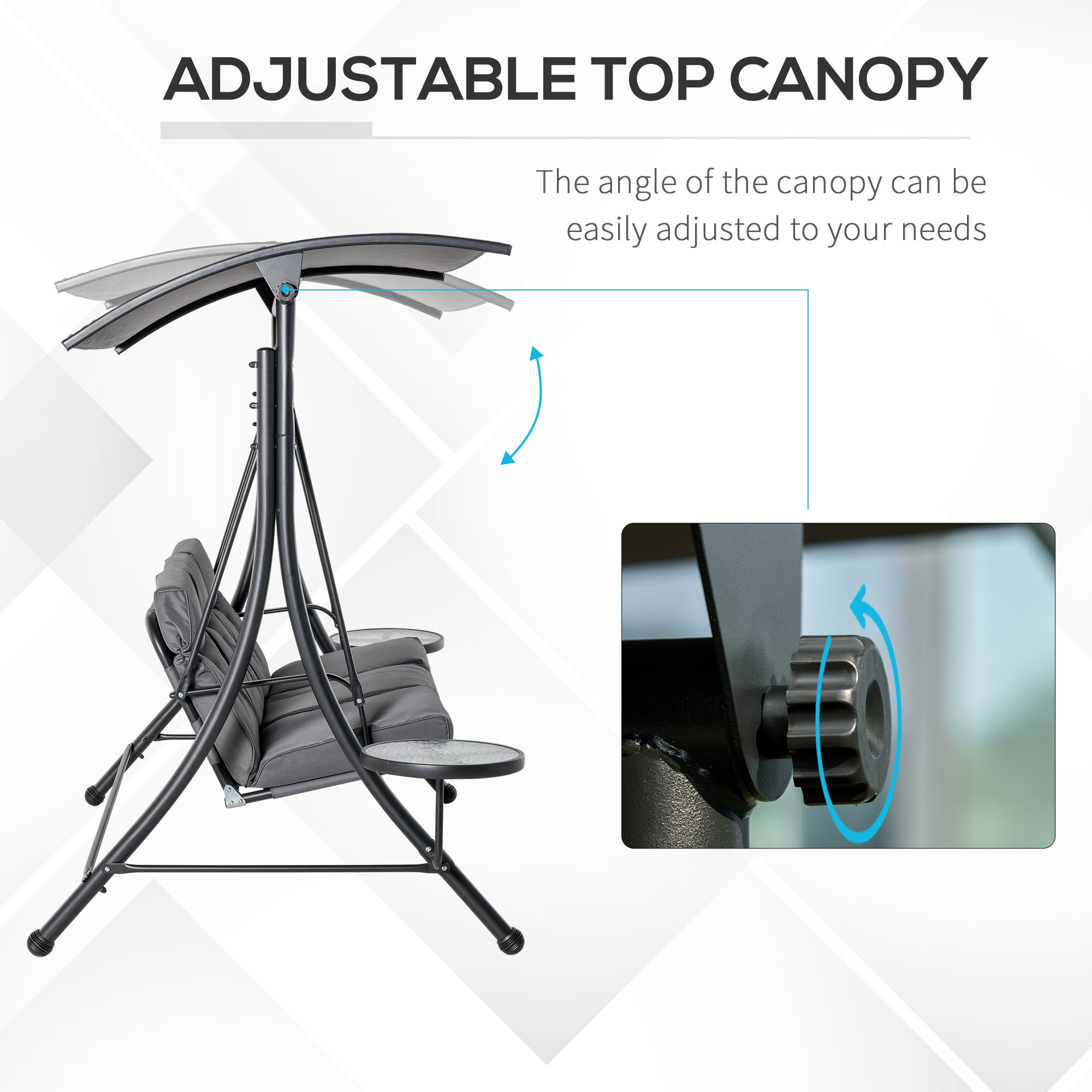 Outsunny 3 Seat Outdoor Swing Chair Steel Swing Bench Porch Swing With Adjustable Canopy & Coffee Tables & Cushion for Patio Garden 