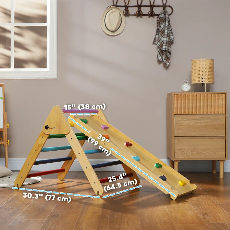 Qaba Pikler Triangle Set, 3 in 1 Climbing Toys with Ramp for Toddlers, Nature Wood
