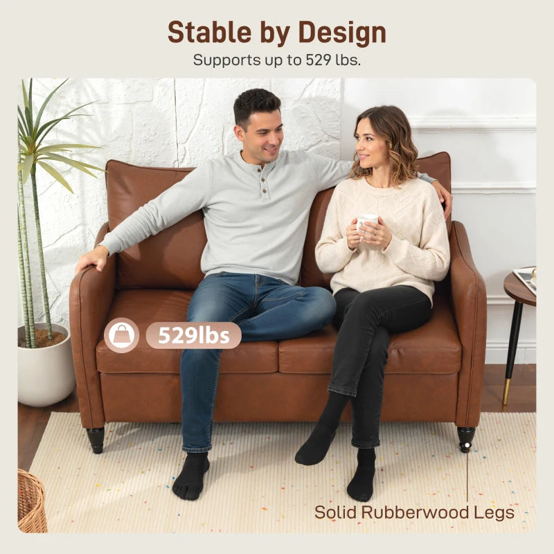 55" Loveseat Sofa, Small 2 Seater Couch with Solid Wood Legs, Modern PU Leather Upholstered Sofa for Small Spaces, Brown