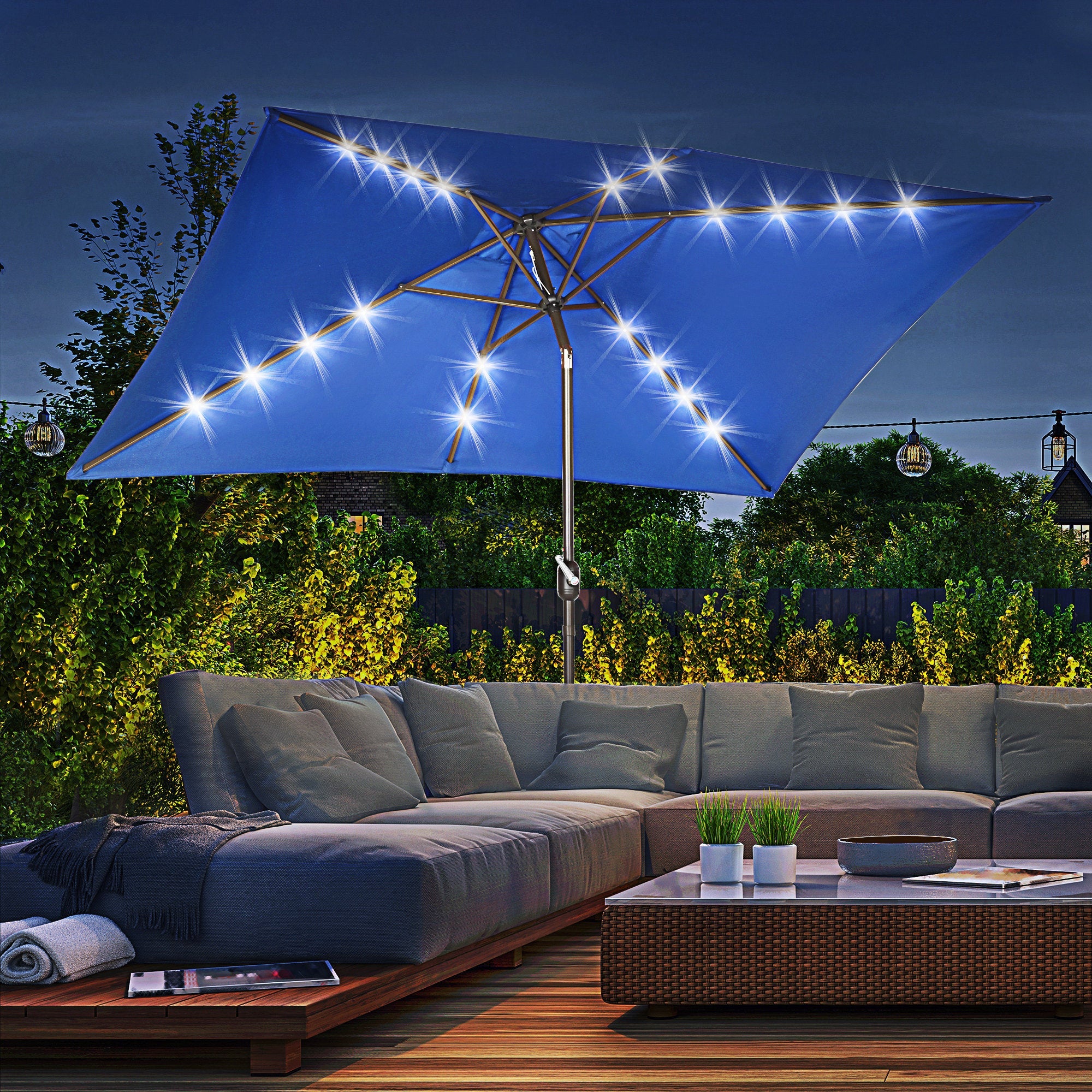 Outsunny 6.5x10ft Rectangle Solar LED Patio Umbrella: Aluminum Tilt Outdoor Market Parasol, Dark Blue 