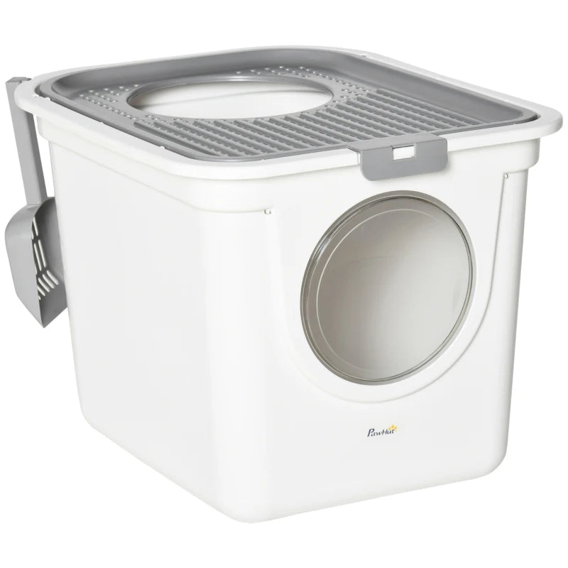 Enclosed Cat Litter Box, Easy Cleaning Kitty Litter Box with Front Entrance, Top Exit, Scoop, White