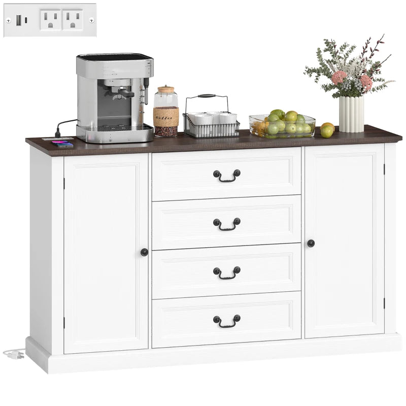 Farmhouse Sideboard with Charging Station, 58" Buffet Cabinet, Kitchen Storage Cabinet with 4 Drawers, 2 Doors, White