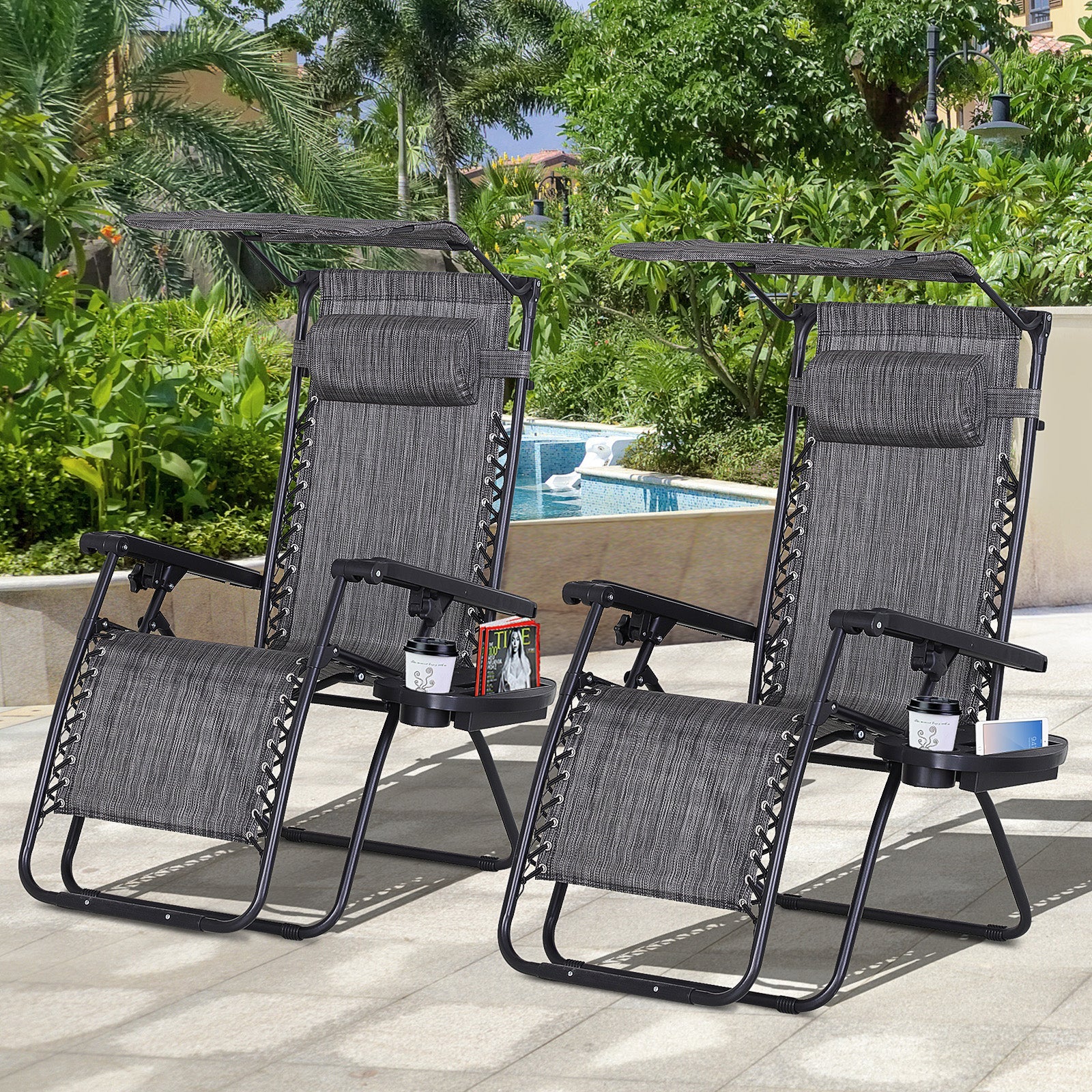 Outsunny 2-Piece Zero Gravity Chair, Adjustable Patio Lounge Chair Reclining Seat W/ Cup Holder & Canopy Shade Dark, Grey 