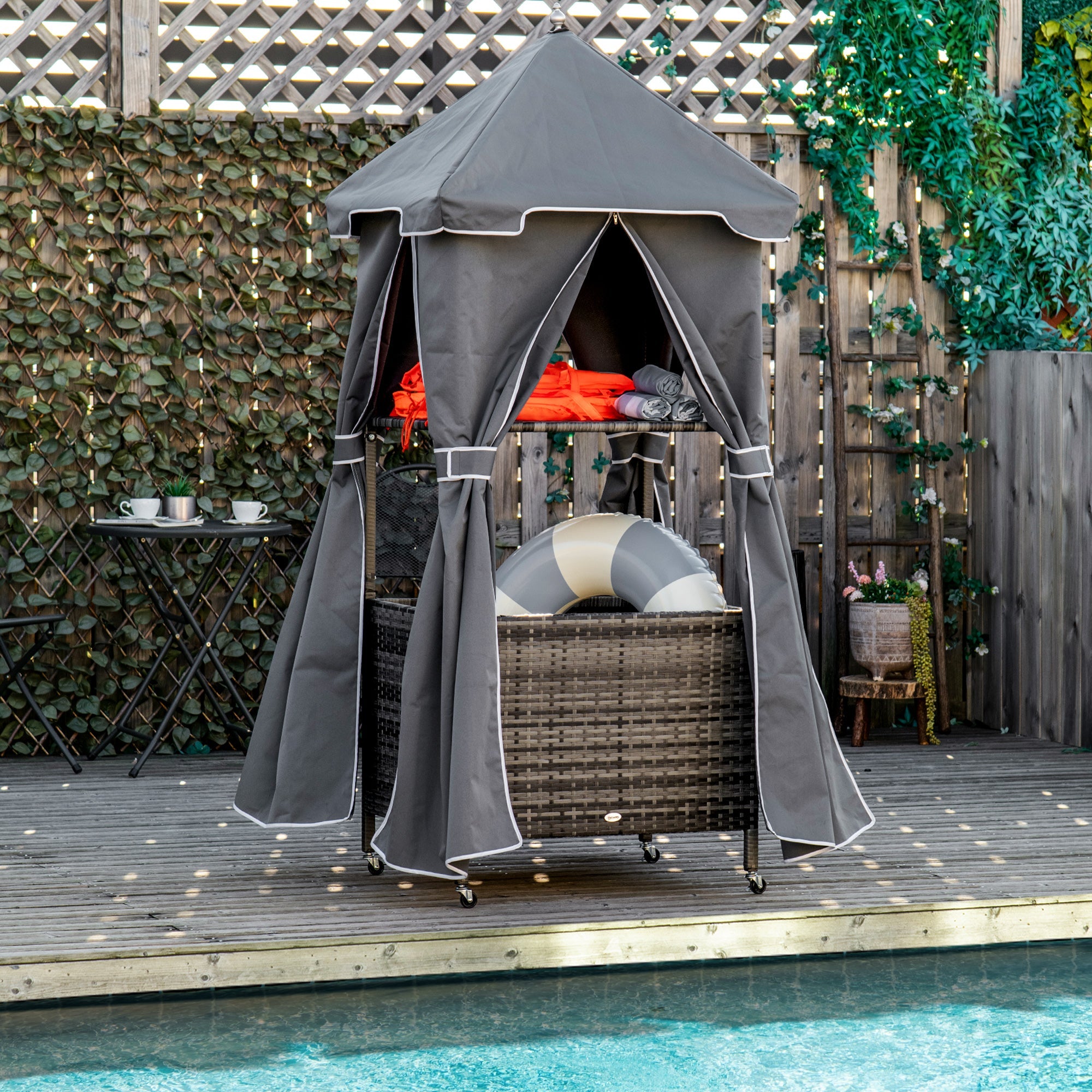 Outsunny Rolling Towel Rack Pool Outdoor Covered Caddy Shelf Basket PE Rattan Wicker 