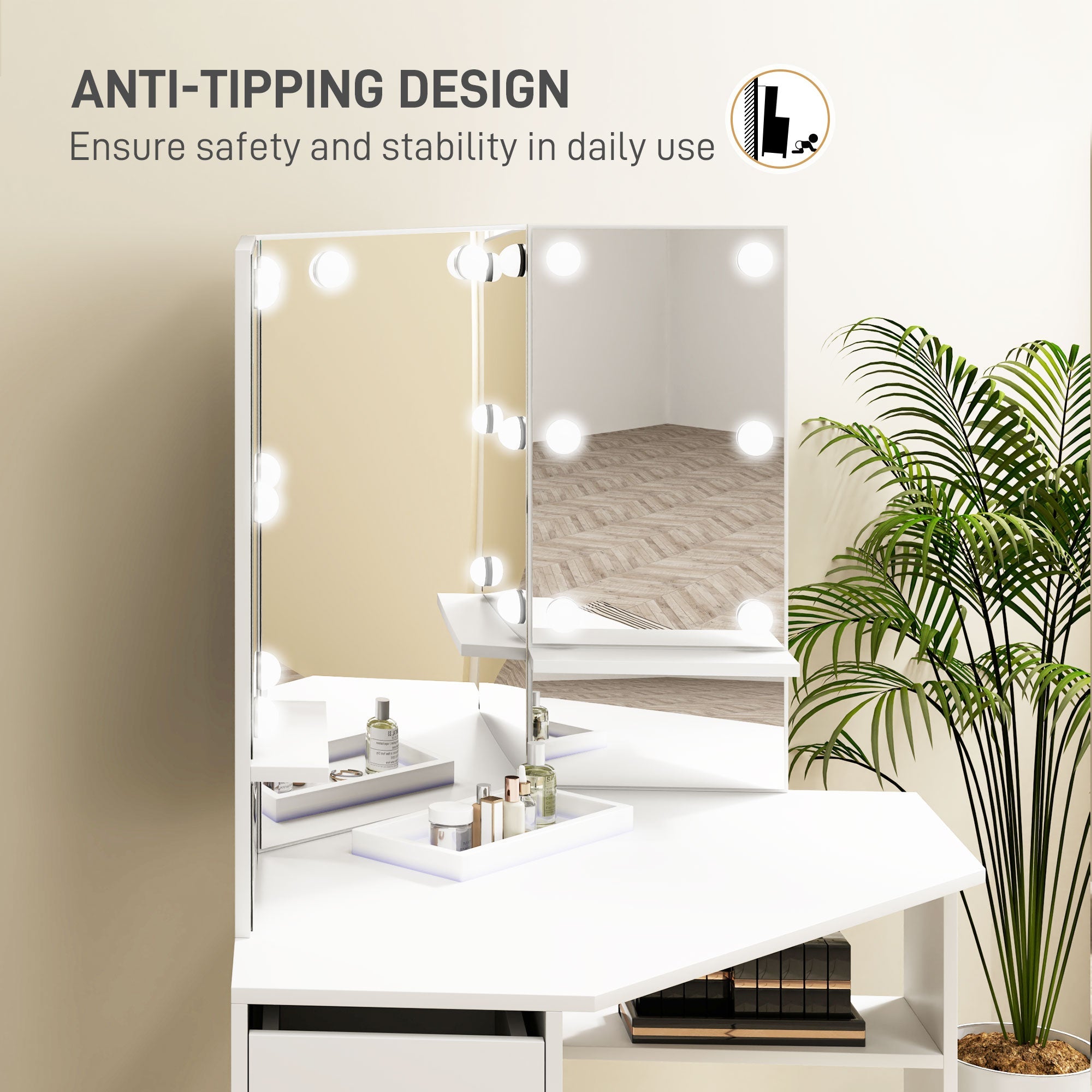 HOMCOM Makeup Vanity Desk with 3-Panel Mirror and 10 LED Lights, Dressing Table with 5 Drawers and Shelves for Bedroom, White 