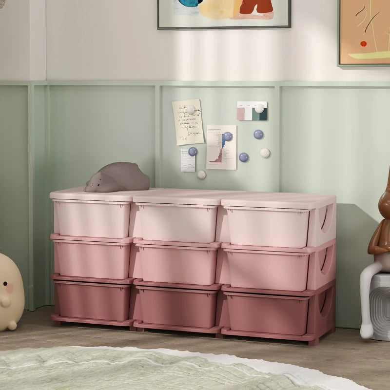 Qaba 3 Tier Kids Toy Organizer and Storage Bins with 9 Plastic Drawers, Pink