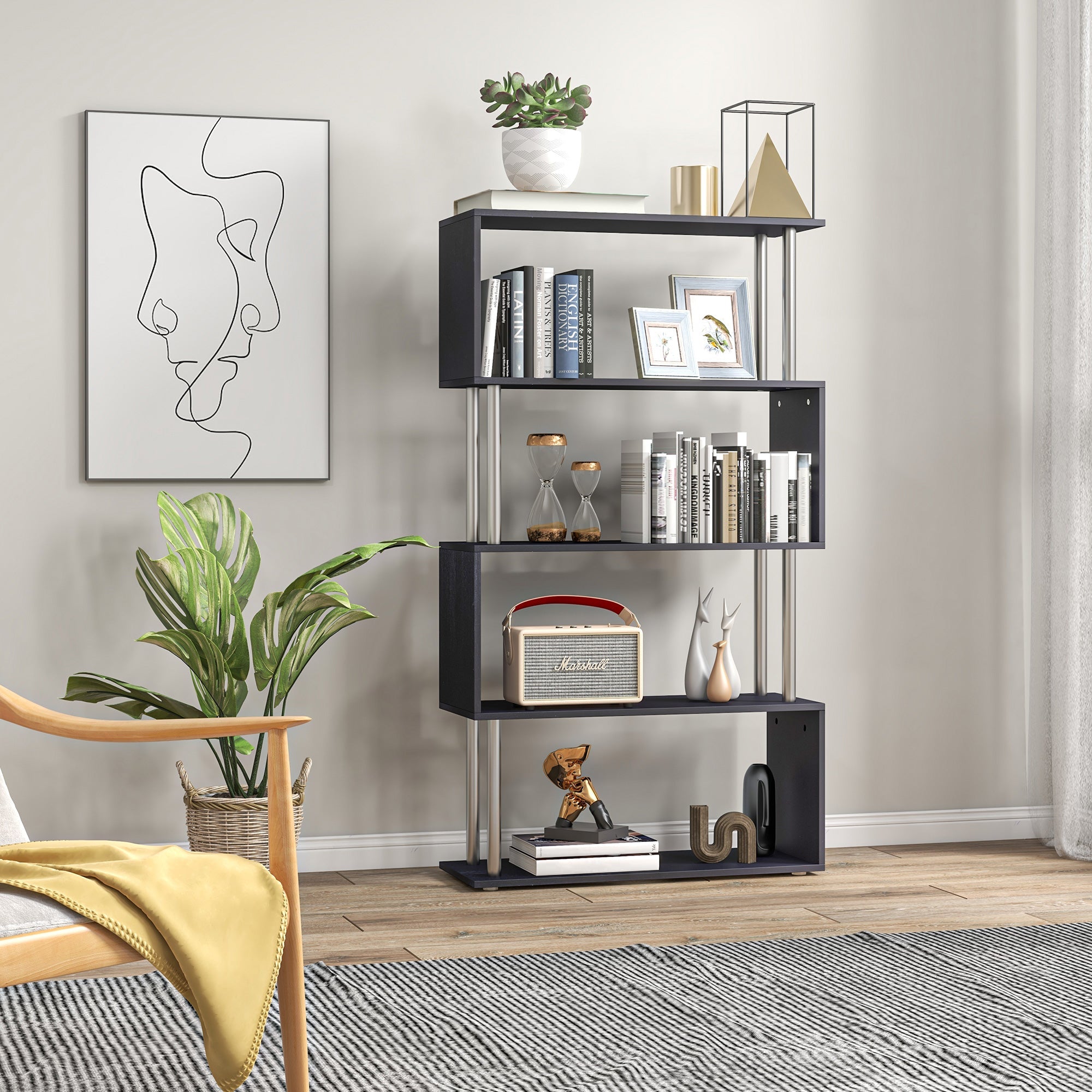 HOMCOM 5-Tier Z-Shape Bookcase: Wooden Shelves with Steel Frame for Living Room, Bedroom, Office, Black 