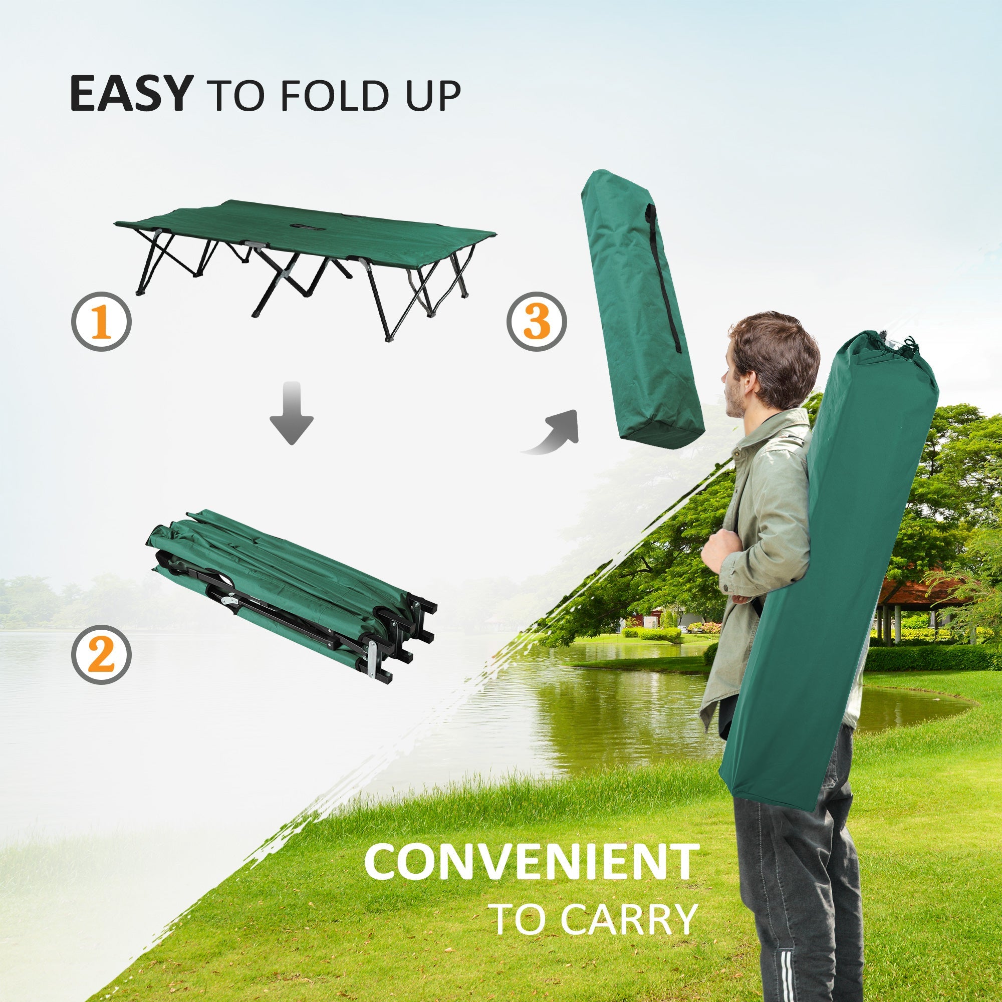 Outsunny 76 Two Person Folding Camping Cot Outdoor Portable Double Cot Wide Military Sleeping Bed w/ Carrying Bag Green 
