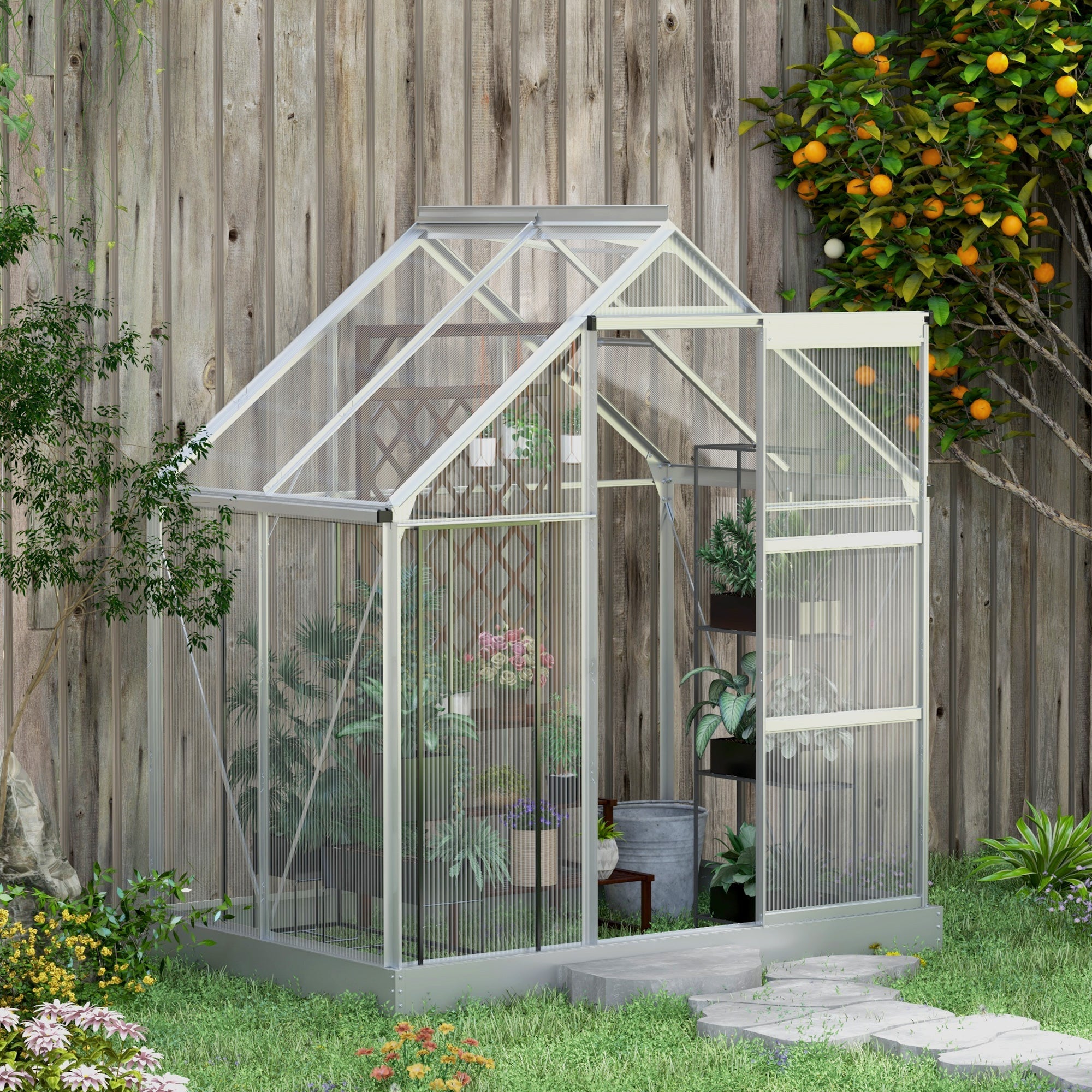 Outsunny Walk-In Greenhouse 6' x 4' Polycarbonate Aluminium Frame Sliding Door Window Foundation Silver 
