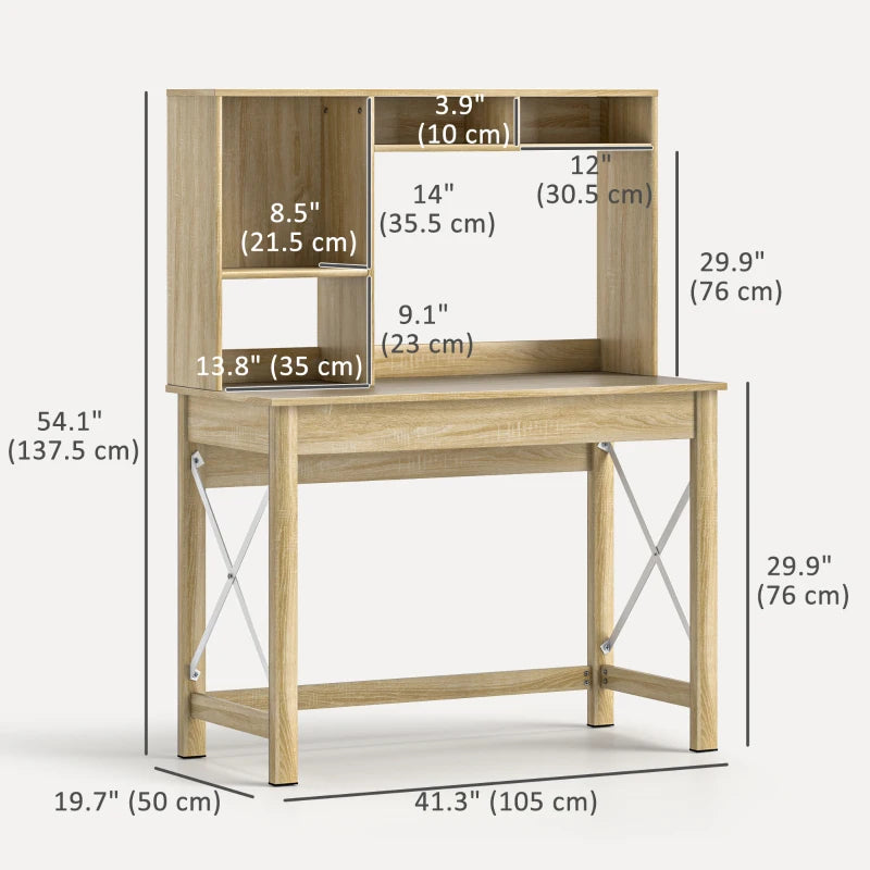 Computer Desk with Hutch, Home Office Table with Storage Shelves and Open Compartments for Writing, Work, Oak