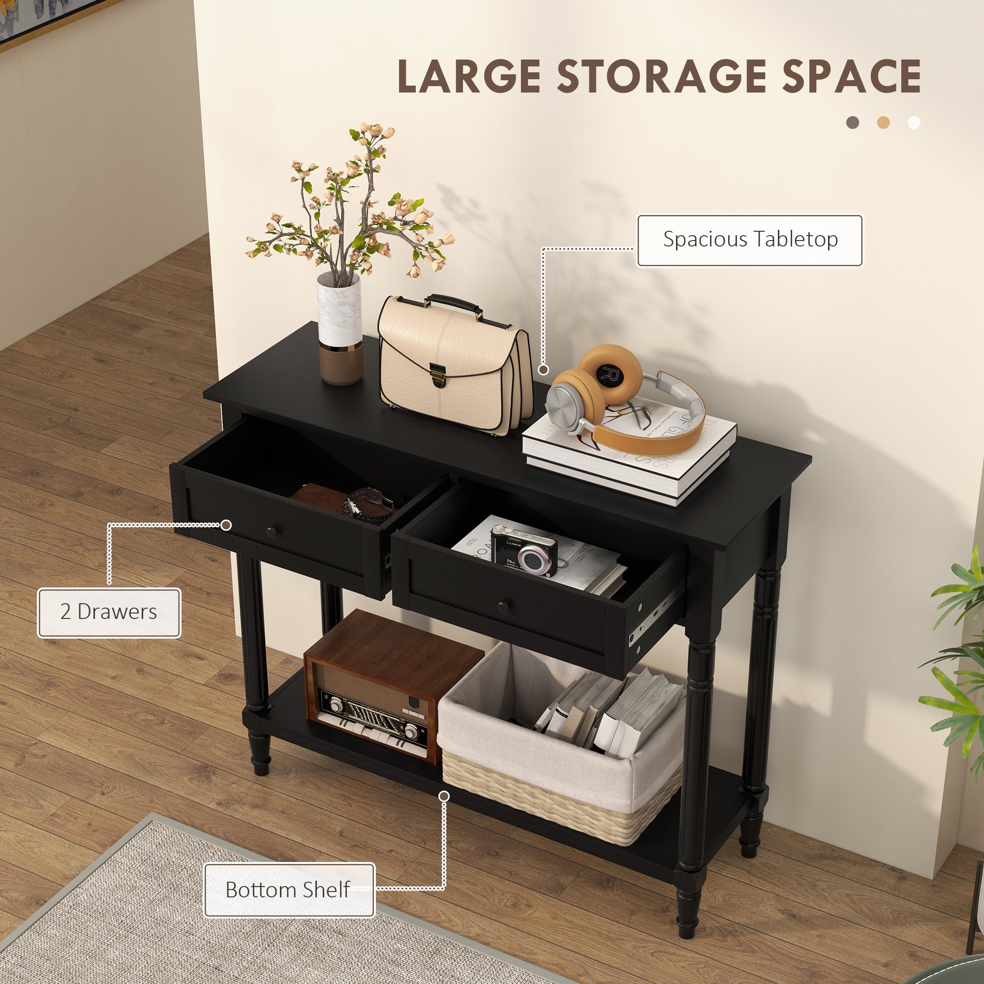 HOMCOM Hallway Console Table, Modern Entryway Table with 2 Drawers, Storage Shelf, Turned Legs for Living Room, Bedroom, Black 