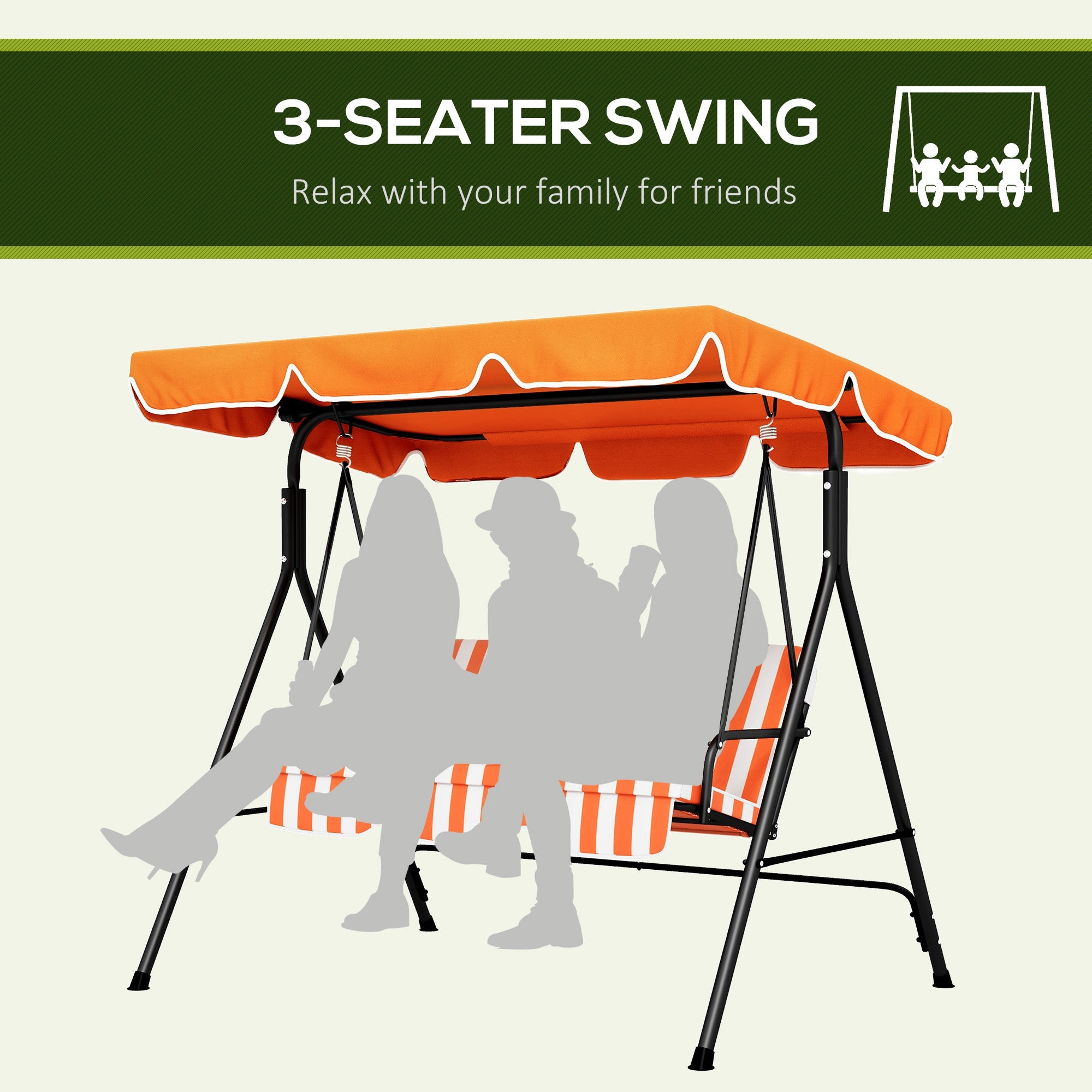 Outsunny 3-Seater Outdoor Porch Swing with Adjustable Canopy Patio Swing Chair for Garden Poolside Backyard Orange 
