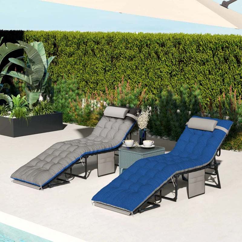 Outdoor Lounge Chair Set of 2, Folding Chaise Lounge Tanning Chair with Cushion, Side Pocket, Brown/Blue