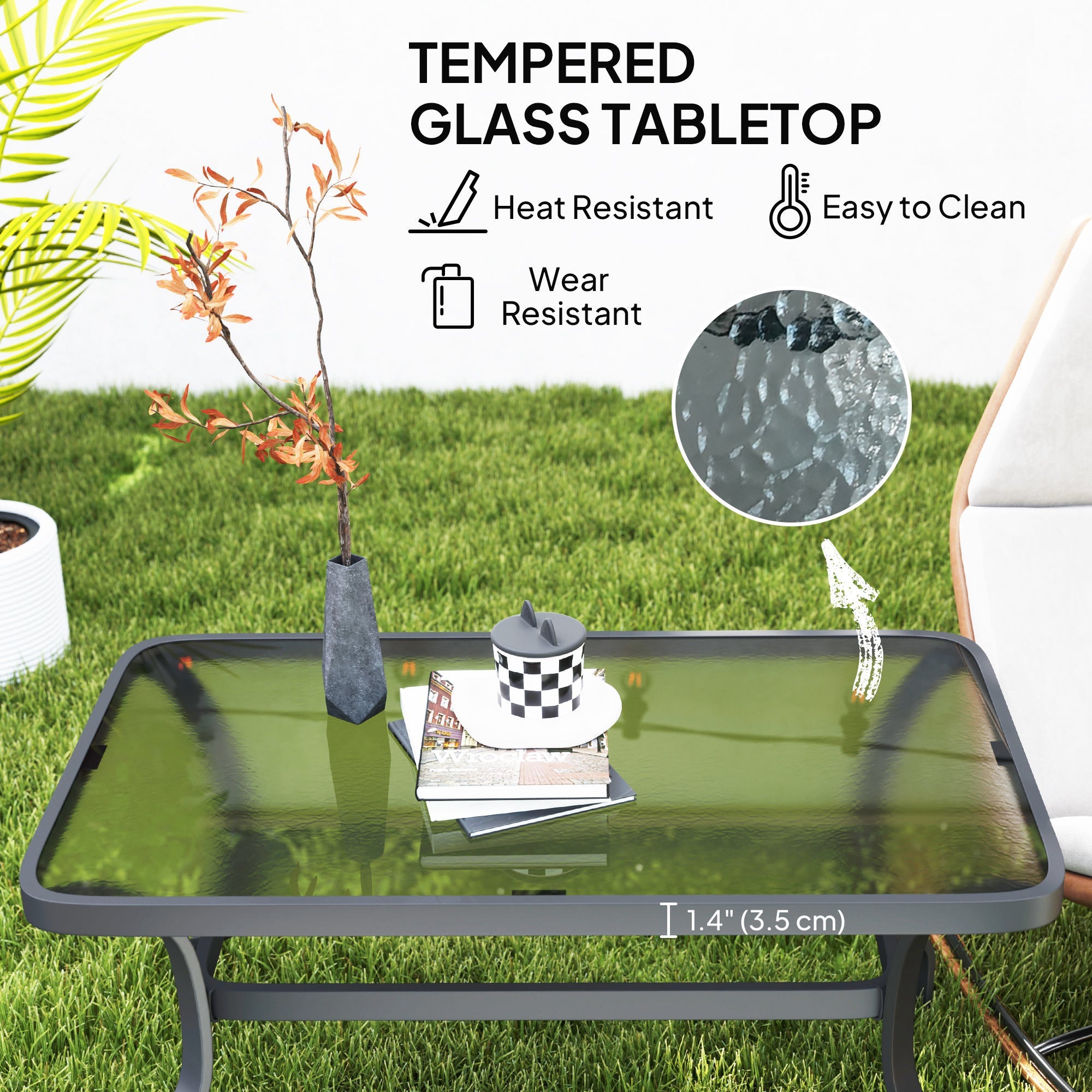 Outsunny 37" Patio Coffee Table with Tempered Glass Top, Outdoor Coffee Table with Metal Frame, Black 