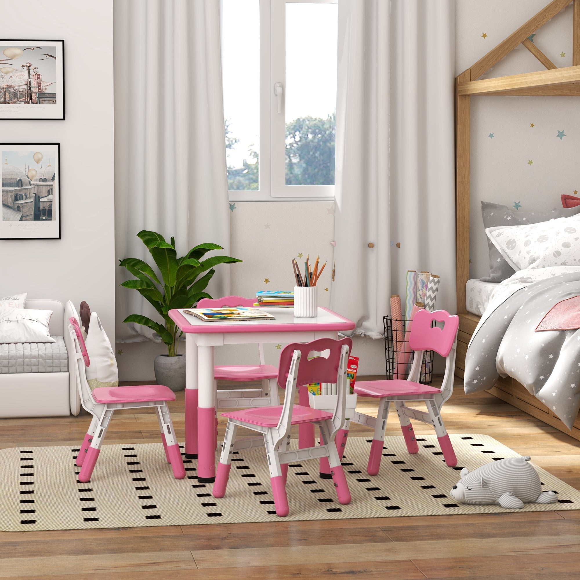 Qaba 5 Piece Toddler Table Chair Set Height Adjustable Activity Set Nursery Classroom Playroom Furniture Pink 