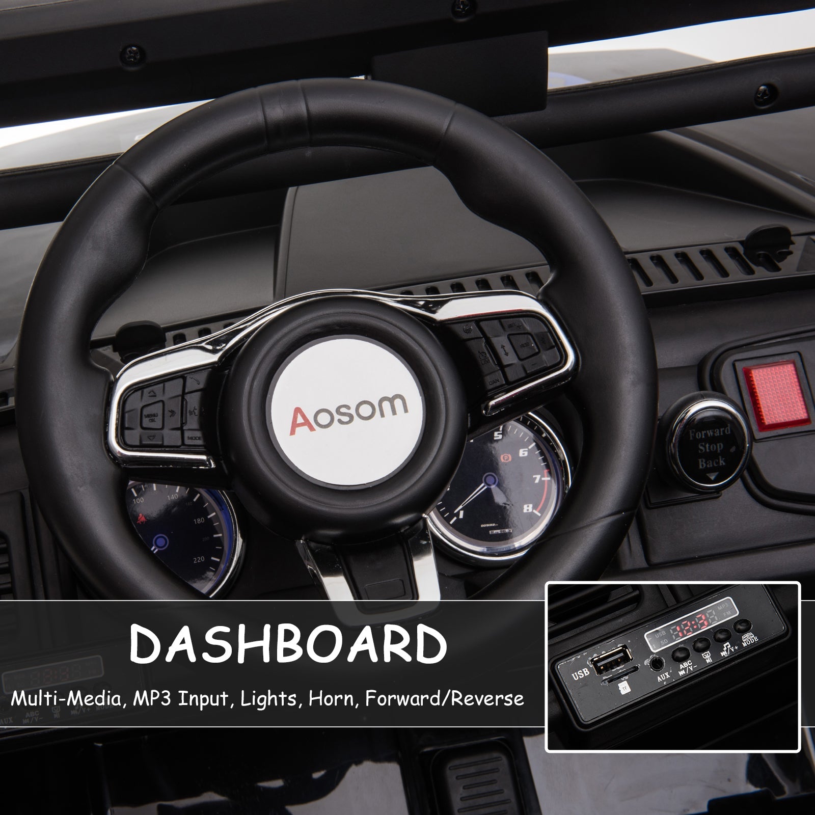 Aosom 12V Kids Police Truck Ride-On Car RC 2-Seater with LED Lights MP3 Parental Remote Control Black 