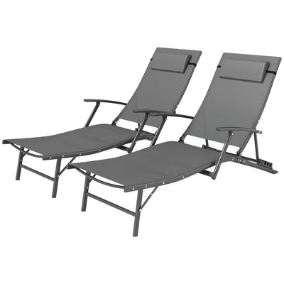 Outsunny Set of 2 Chaise Lounge Chairs, Folding Tanning Chair with Pillow, Outdoor Sun Lounger for Patio, Garden, Beach, Grey 