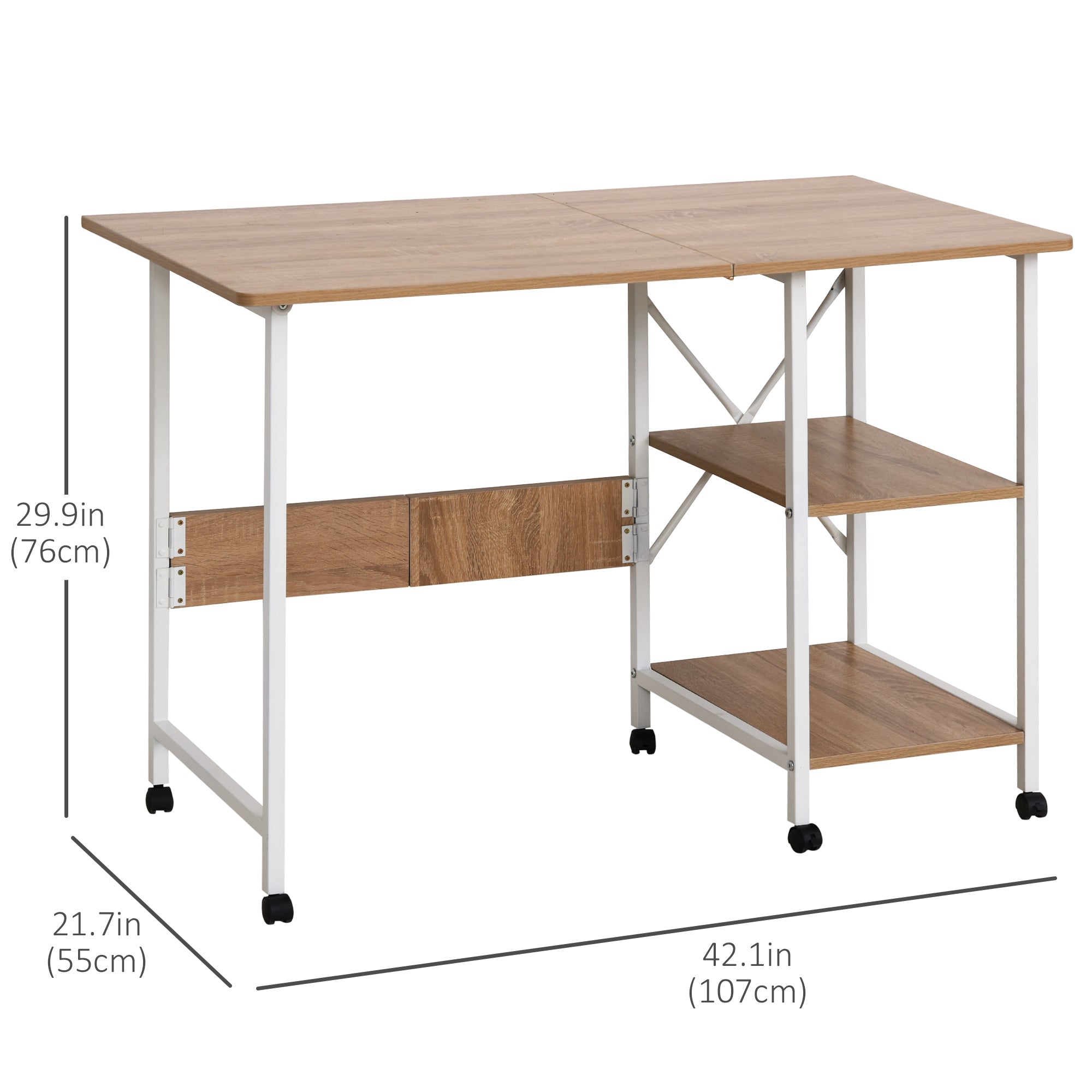 HOMCOM Folding Study Desk Storage Shelves Laptop Table Home Office Workstation 6 Wheels Natural 