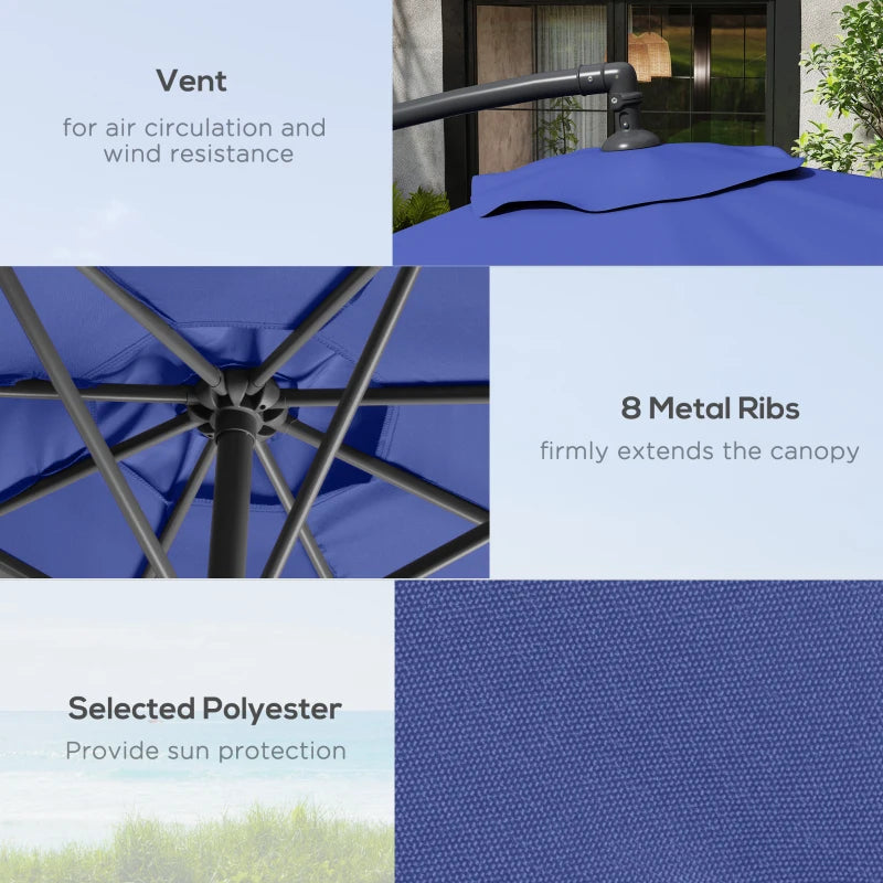 9.6ft Offset Patio Umbrella Garden Hanging Parasol Banana Cantilever Umbrella with Base, Crank, Navy Blue