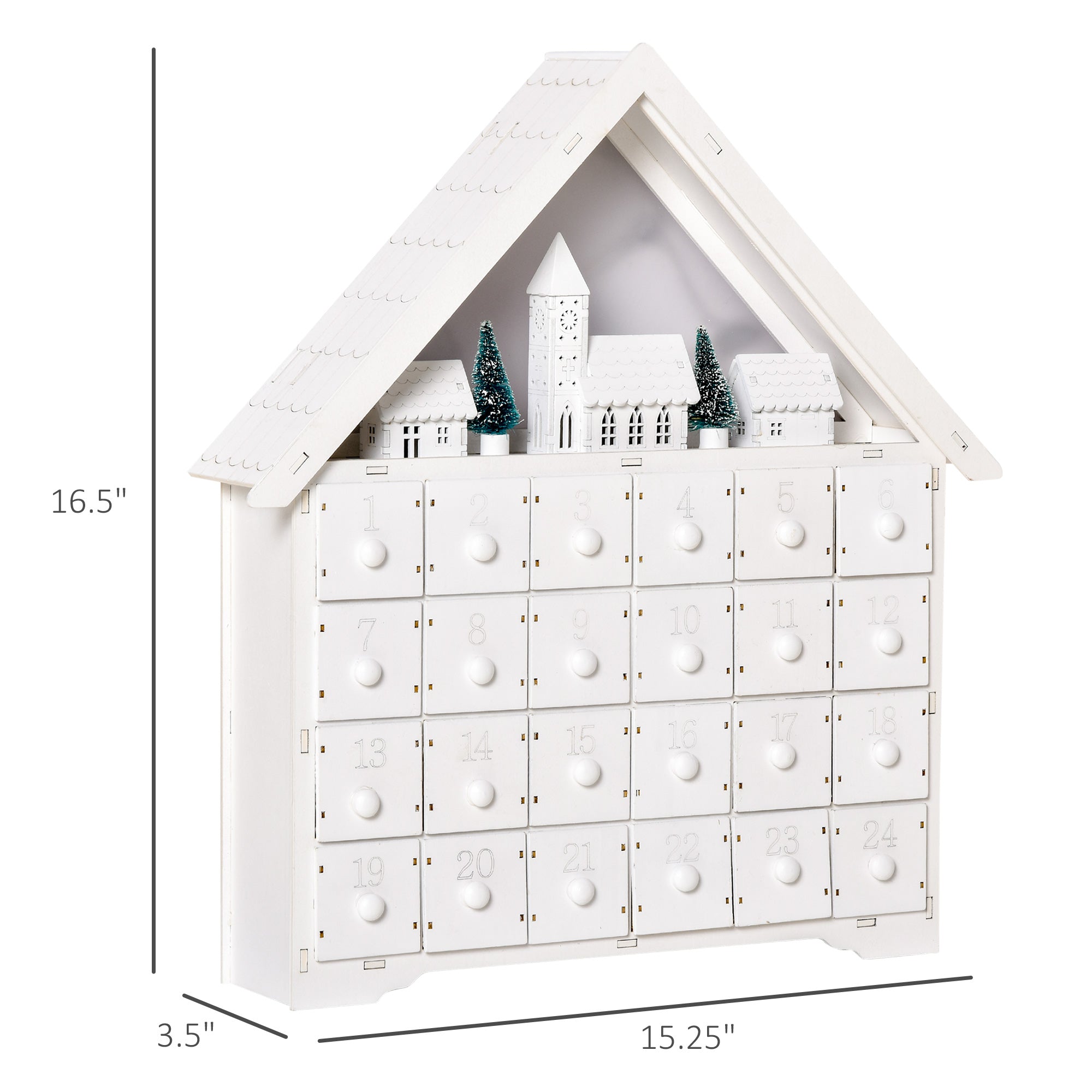 HOMCOM Light-Up Christmas Advent Calendar, Wooden Xmas House, Holiday Countdown with Drawer, Village Theme, White 