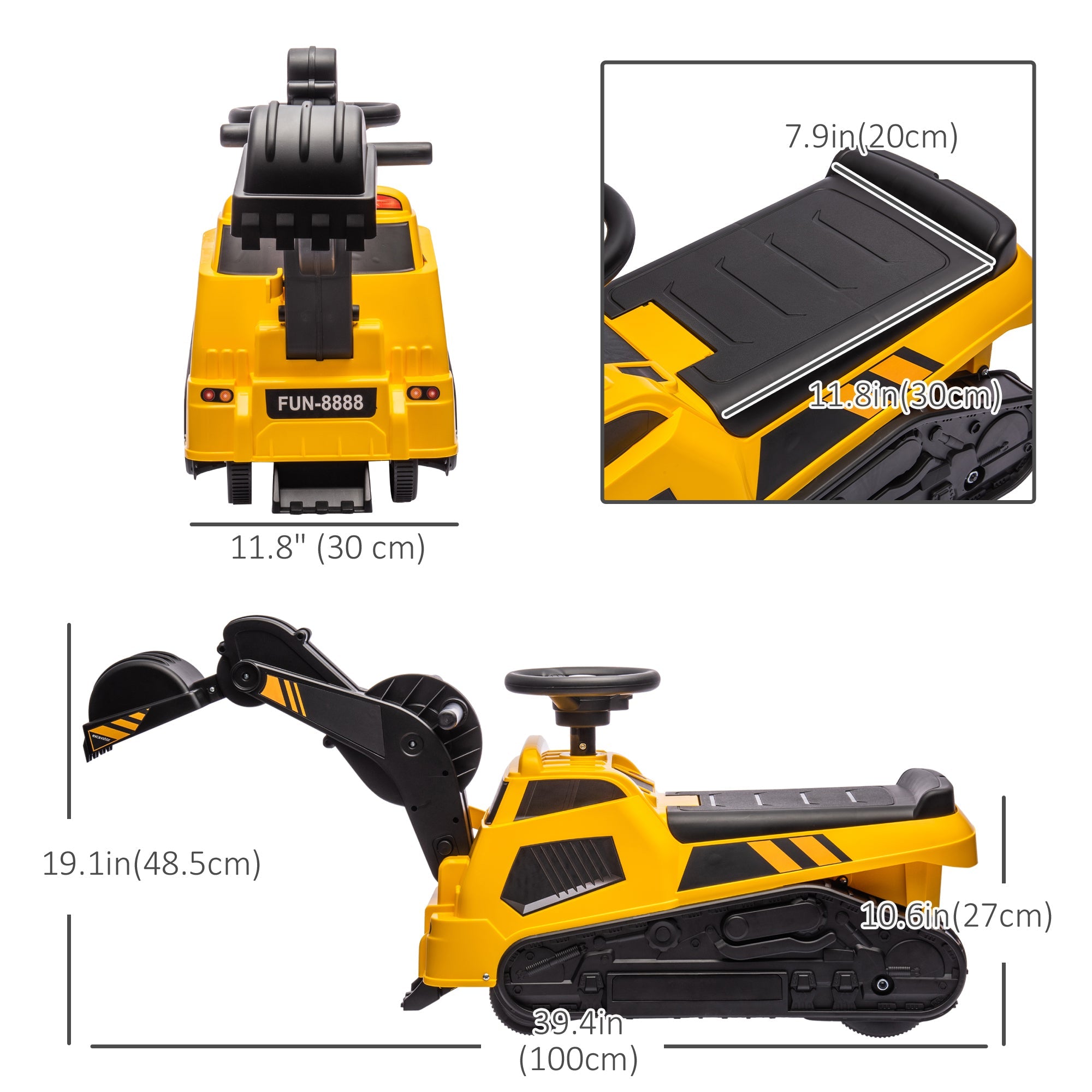 Aosom 3 in 1 Kids Ride On Excavator Bulldozer Road Roller Pretend Play Construction Toy with Music Yellow for 18-48 Months 