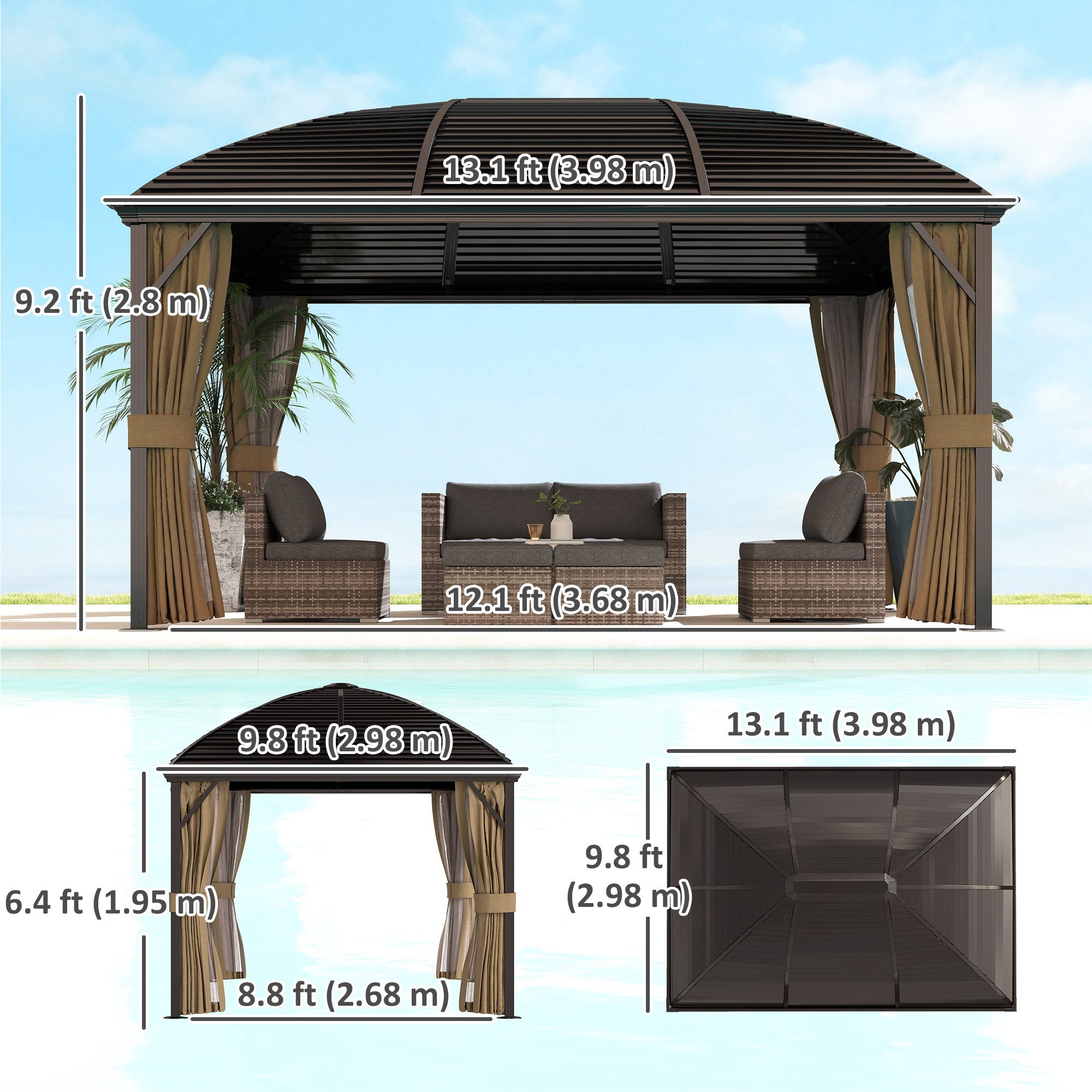 Outsunny 10' x 13' Hardtop Gazebo Aluminum Outdoor Canopy with Mesh Nettings, Curtains, Brown 