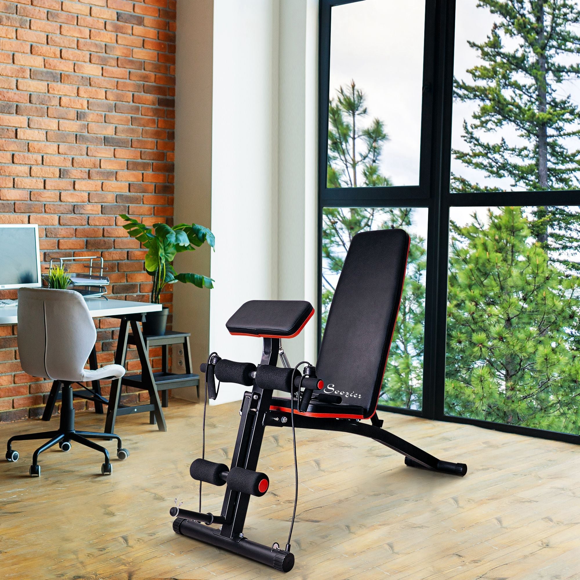 Soozier Foldable Press Bench Adjustable Dumbbell, Weight Training Bench Exercises Gym Chair, Black & Red 