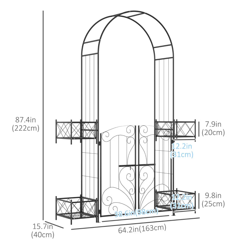 7.1FT Metal Garden Arch with Gate and 4 Planter Boxes, Garden Arbor Trellis for Climbing Plants, Outdoor Wedding, Decoration, Bridal Party, Black