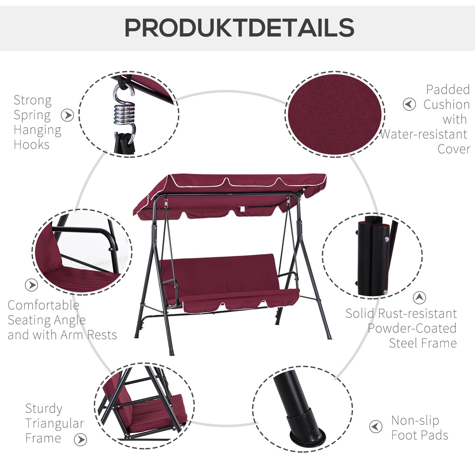 Outsunny Meatal 3-Seater Outdoor Porch Swing with Stand Cushioned Garden Lounger Patio Hammock with Frame and Canopy, Wine Red 