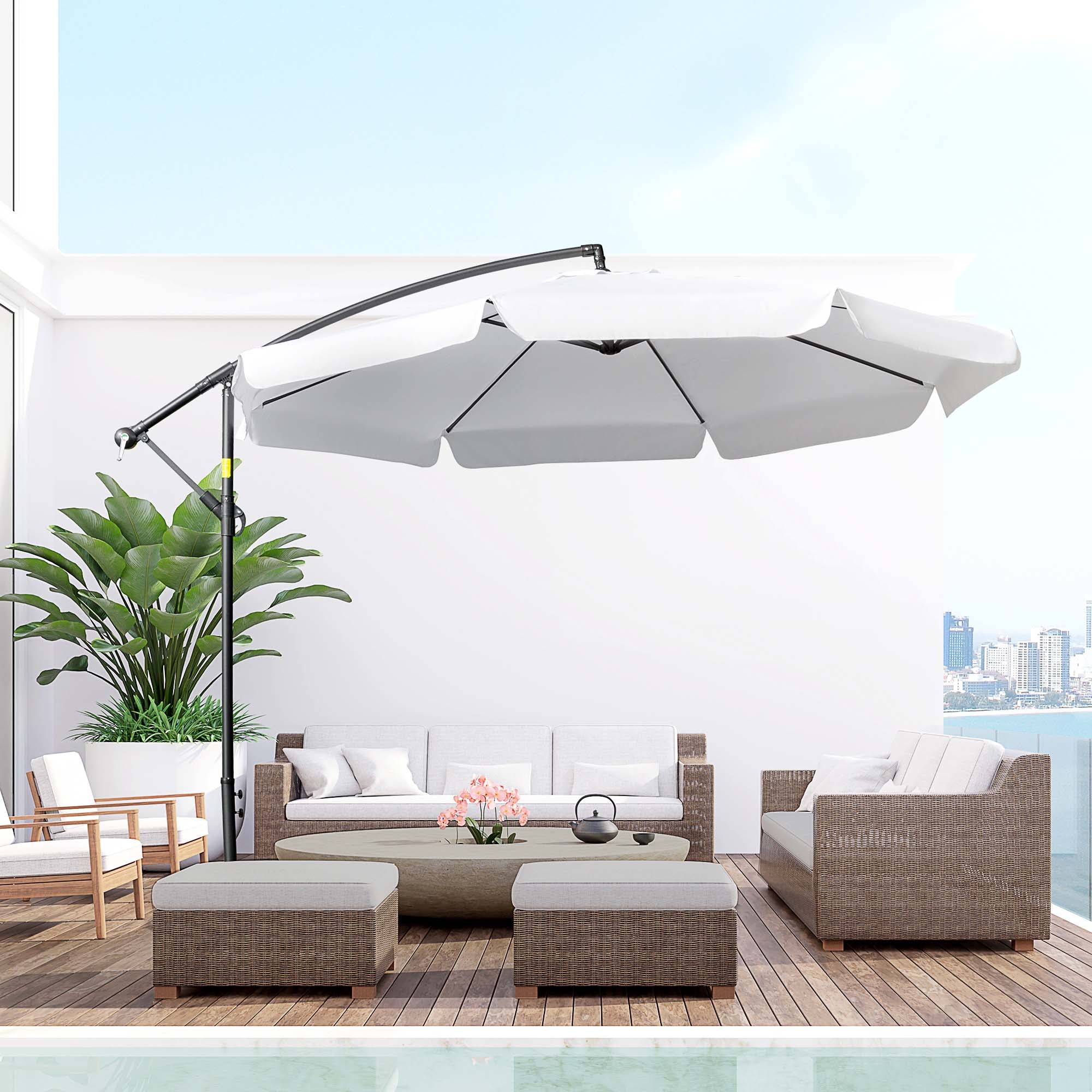 Outsunny 11FT White Offset Patio Umbrella Cantilever Easy Tilt Cross Base 8 Ribs Sun Shade for Garden 