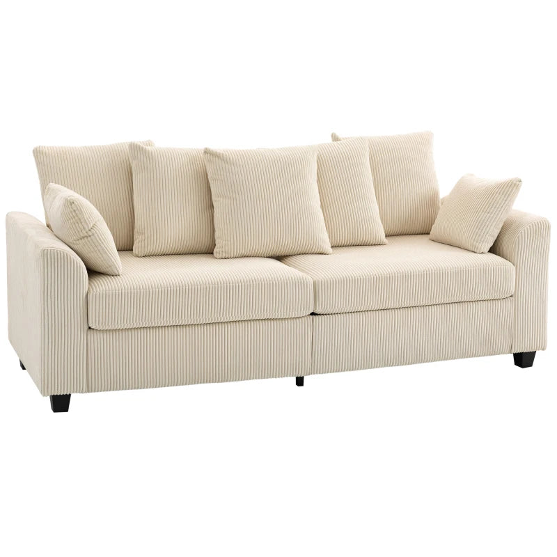 Corduroy Couch, 3 Seater Sofa, Modern Upholstered Couch with Curved Armrests and 8 Removable Pillows, Beige
