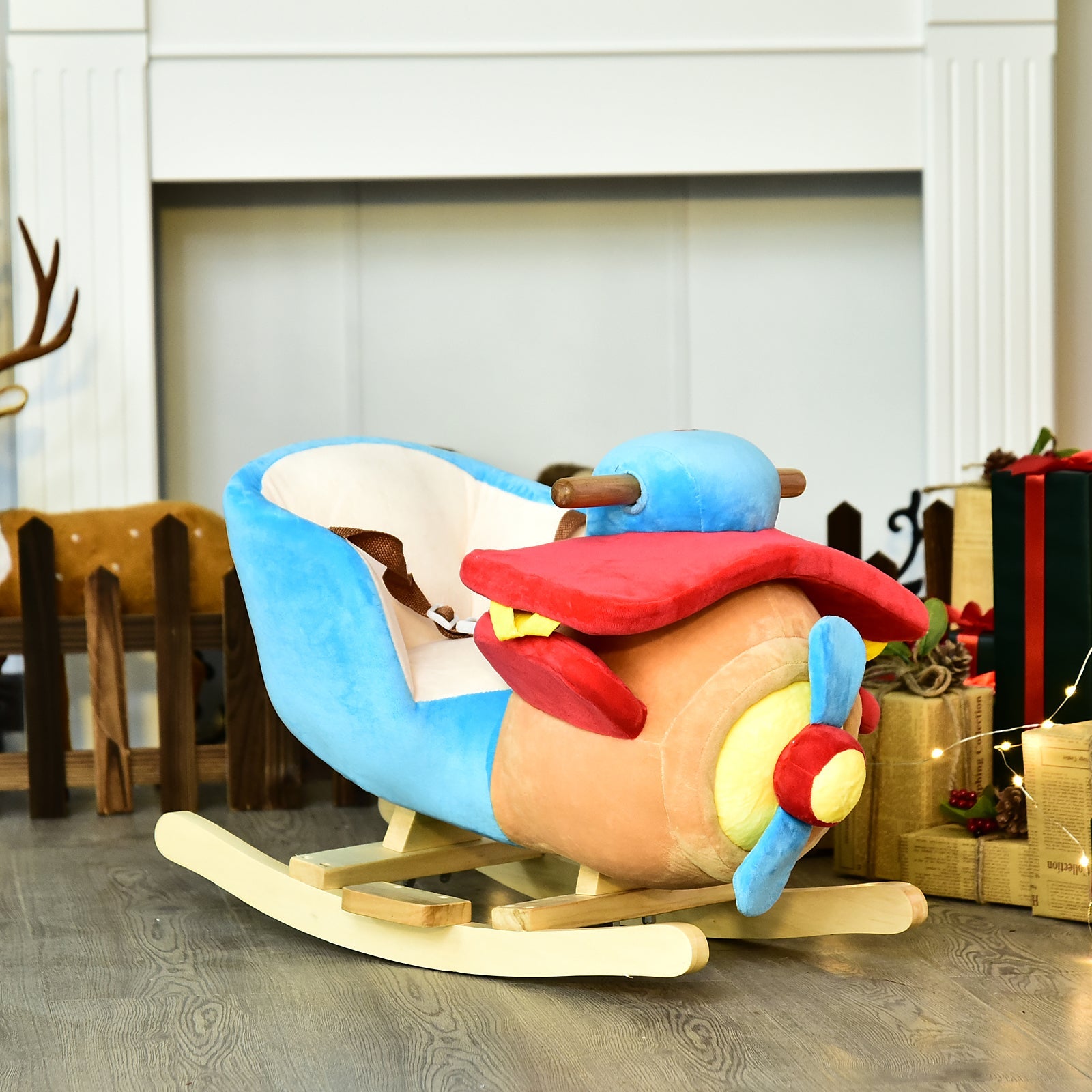 Qaba Kids Wooden Plush Ride-On Rocking Plane Chair Toy for Toddler Boy&Girl with Nursery Rhyme 