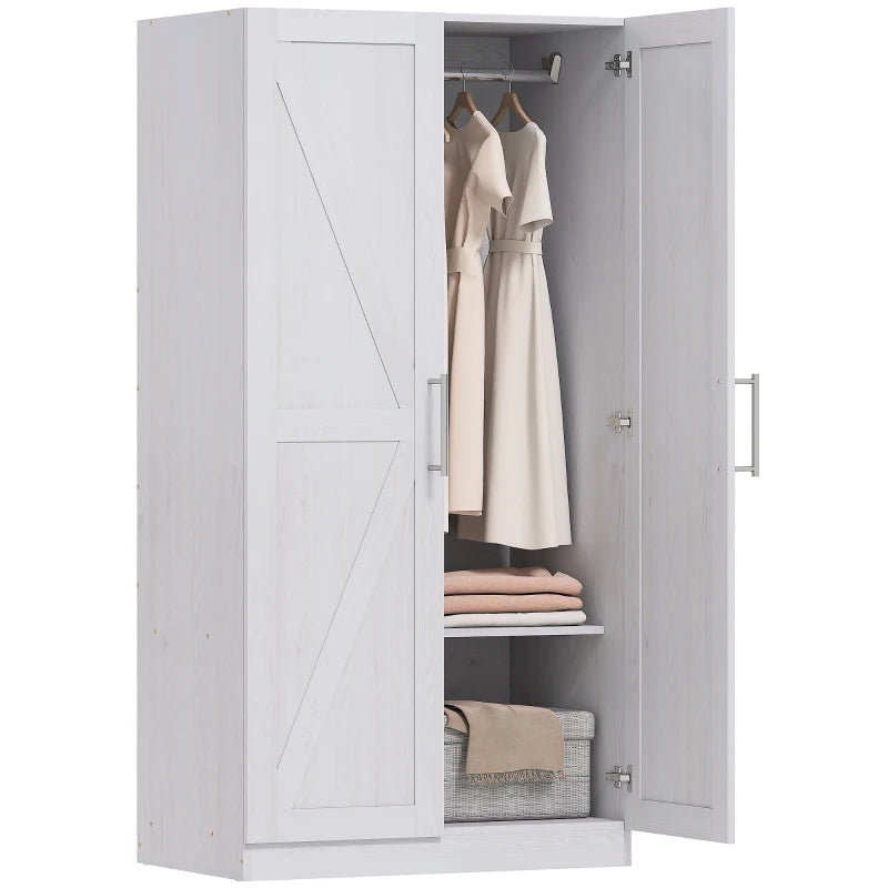 Wardrobe Cabinet with Hanging Rod, Anti-Tipping and 2 Barn Doors, Farmhouse Wardrobe Closet for Bedroom, White Wood Effect