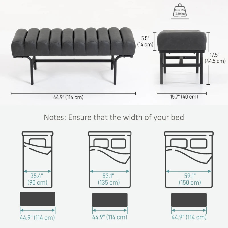 Bedroom Bench PU Leather End of Bed Bench with Cylindrical Seat and Metal Legs for Bedroom Living Room Hallway Black