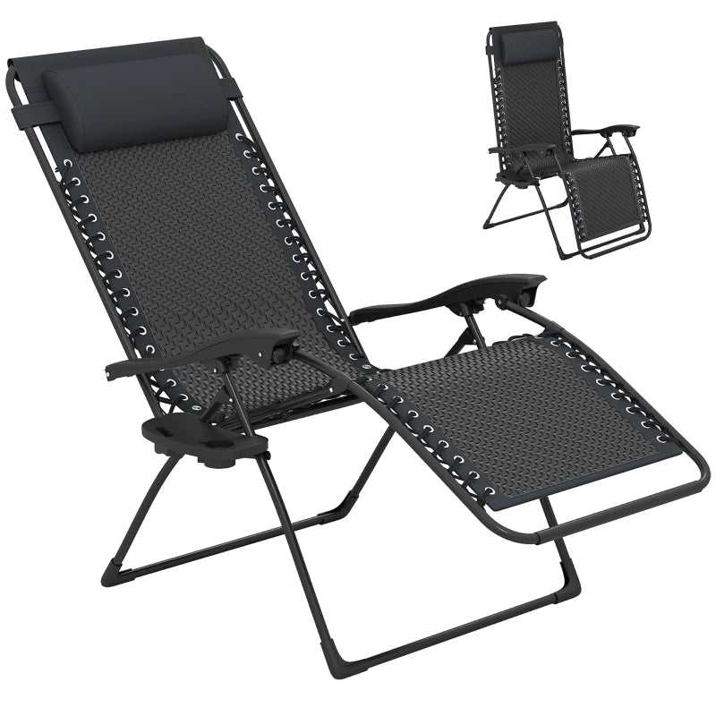Wicker Folding Lounge Chair with Adjustable Backrest, Rattan Recliner Chair with Headrest & Side Table Tray, Black