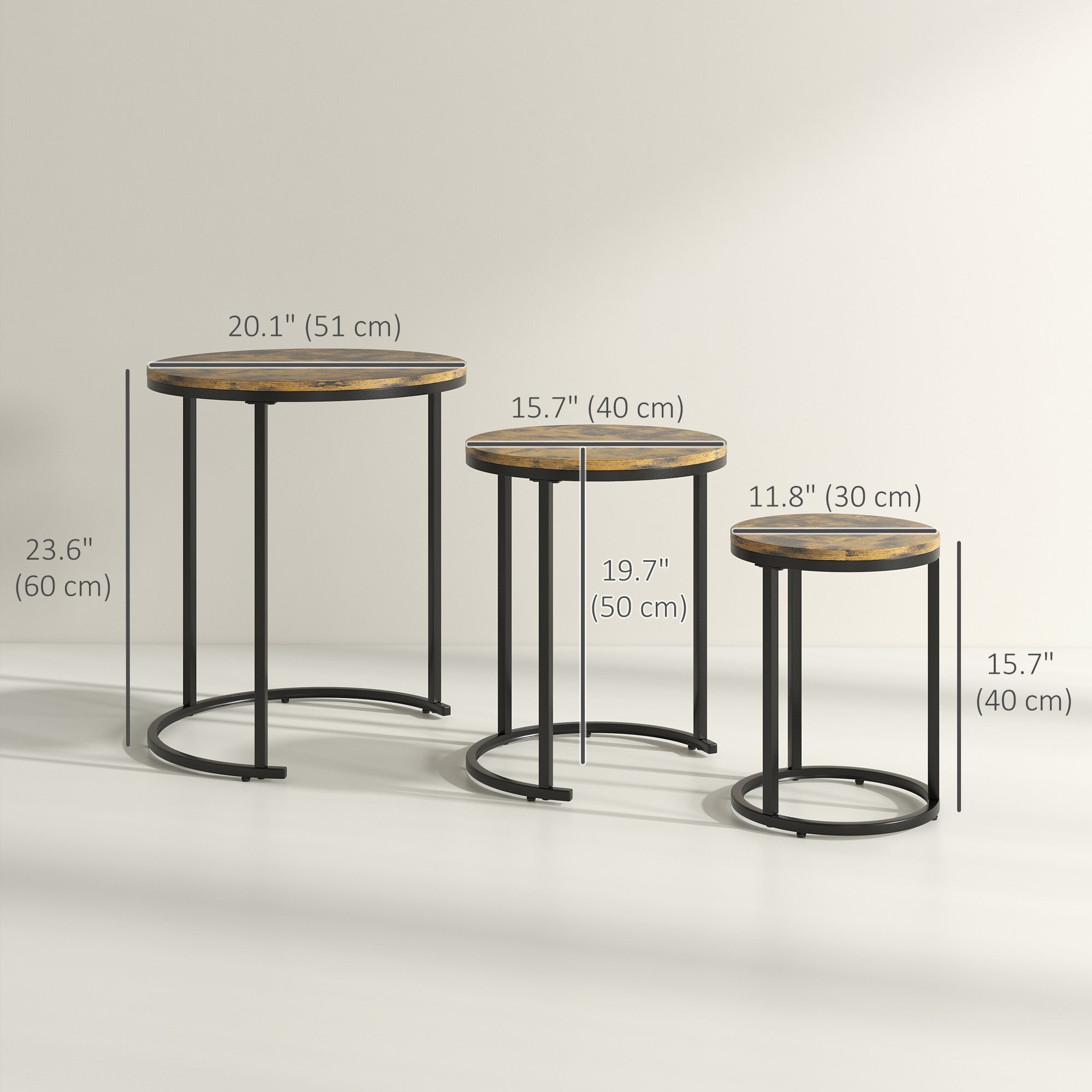 HOMCOM Nesting Coffee Tables Set of 3, Stacking Round Side Tables with Steel Frame for Living Room, Rustic Brown 