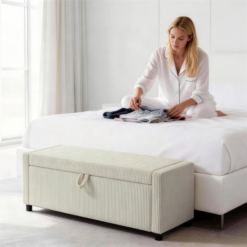 Storage Ottoman, Upholstered Corduroy End of Bed Bench with Thick Padding, Storage Bench for Bedroom, Beige