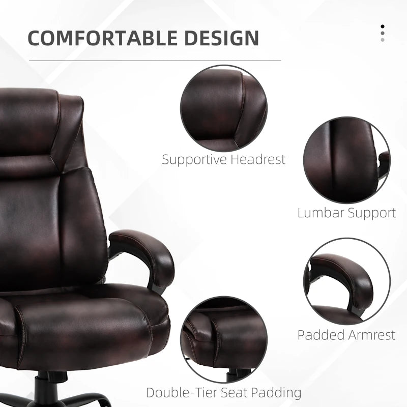 PU Leather Executive Office Chair with High Back, Adjustable Height and Swivel Wheels, 400LBS Capacity, Brown
